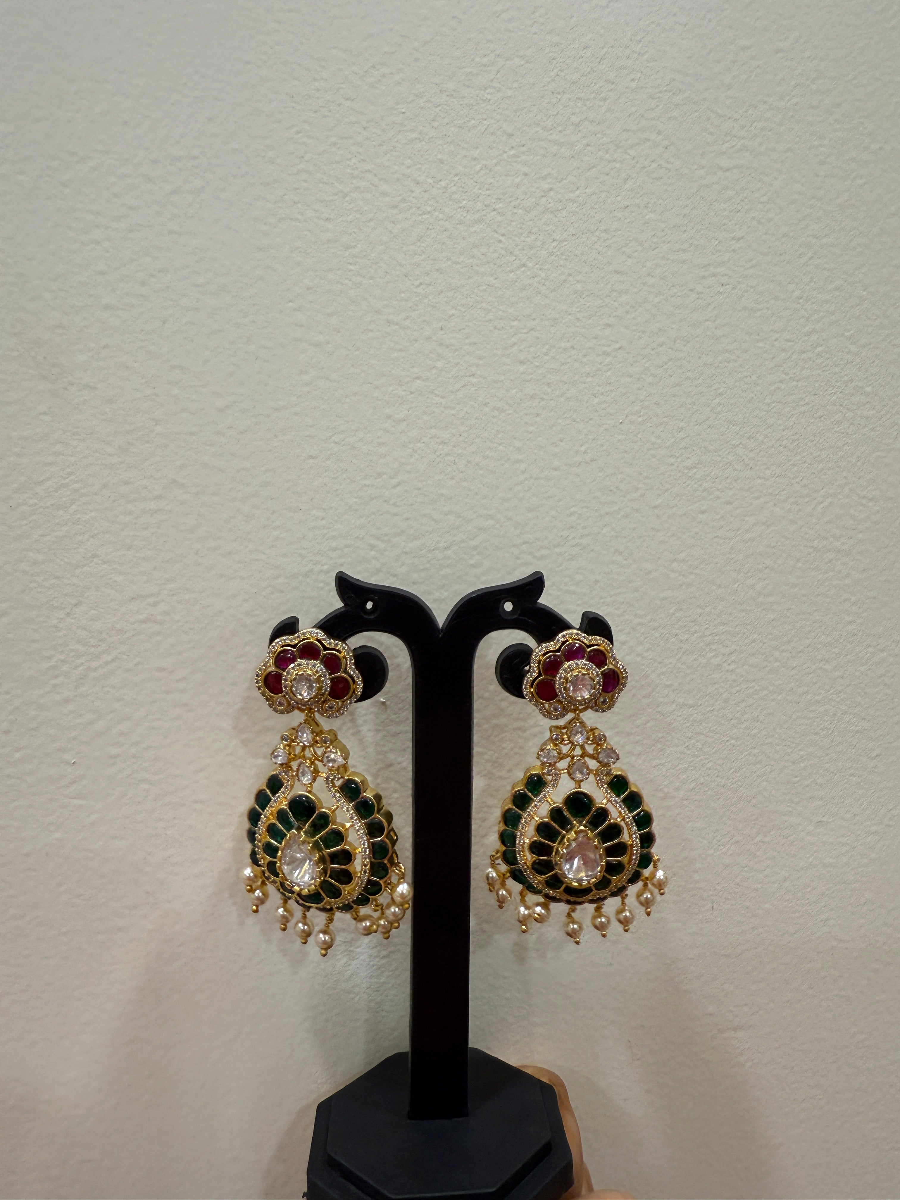 Beautiful Chandbali Earrings with Emerald Stone & Pearl Drops