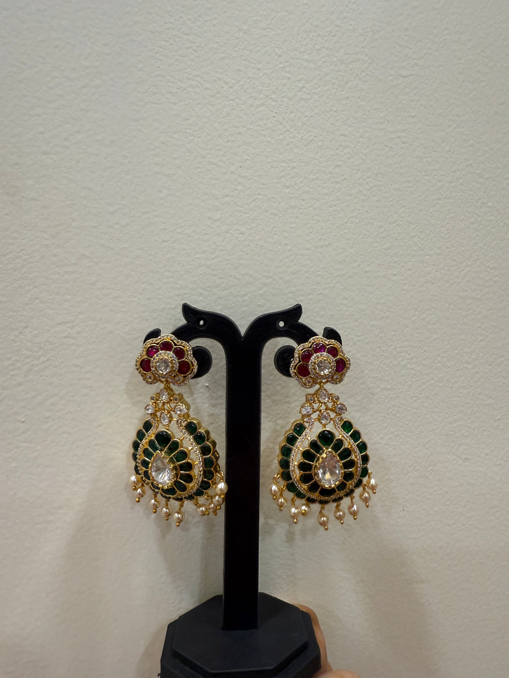 Beautiful Chandbali Earrings with Emerald Stone & Pearl Drops