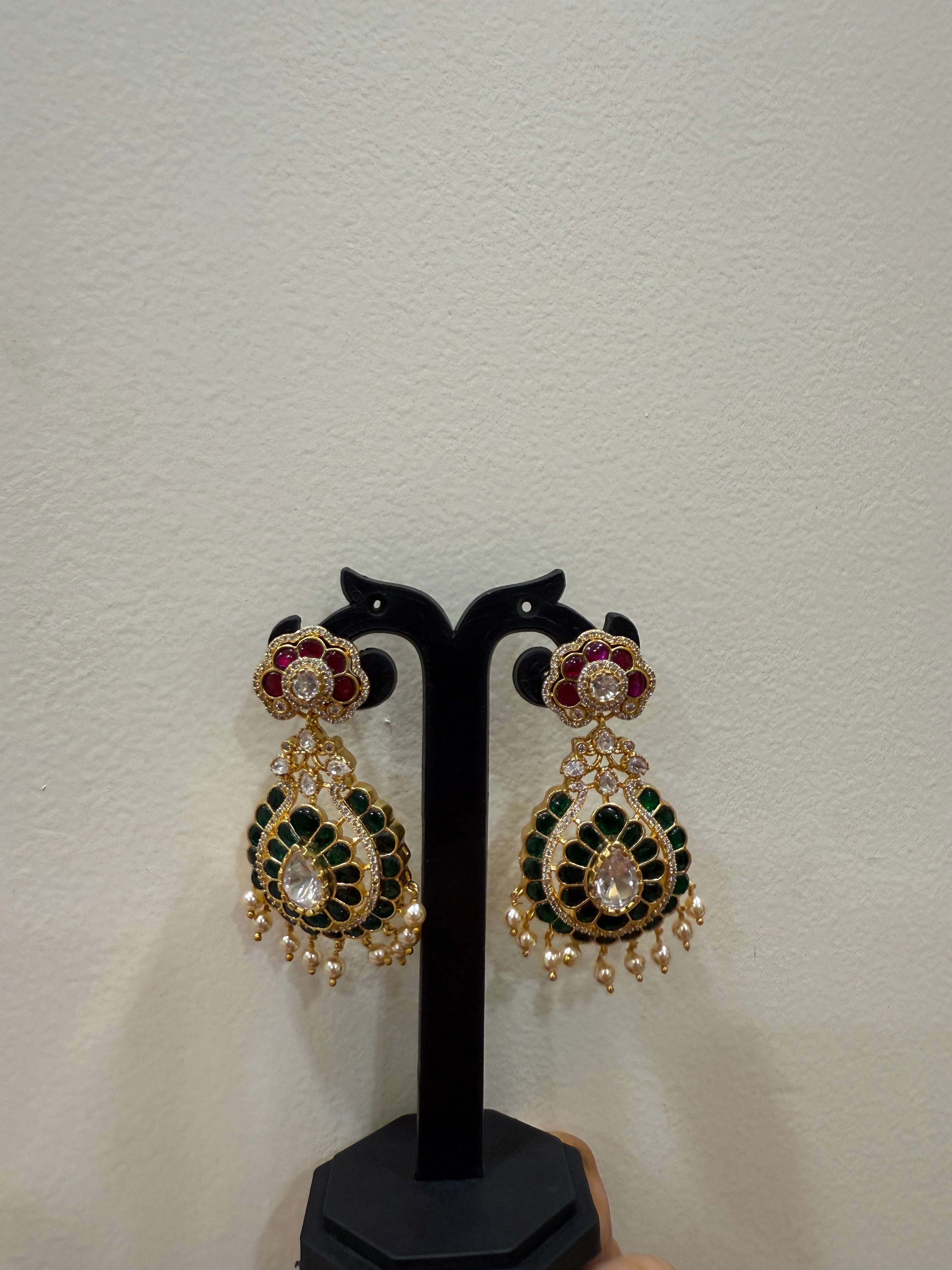 Beautiful Chandbali Earrings with Emerald Stone & Pearl Drops