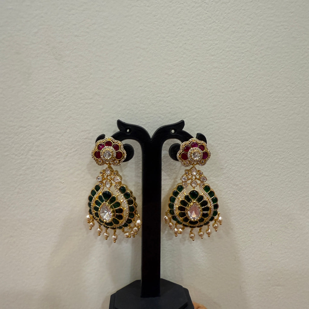 Beautiful Chandbali Earrings with Emerald Stone & Pearl Drops