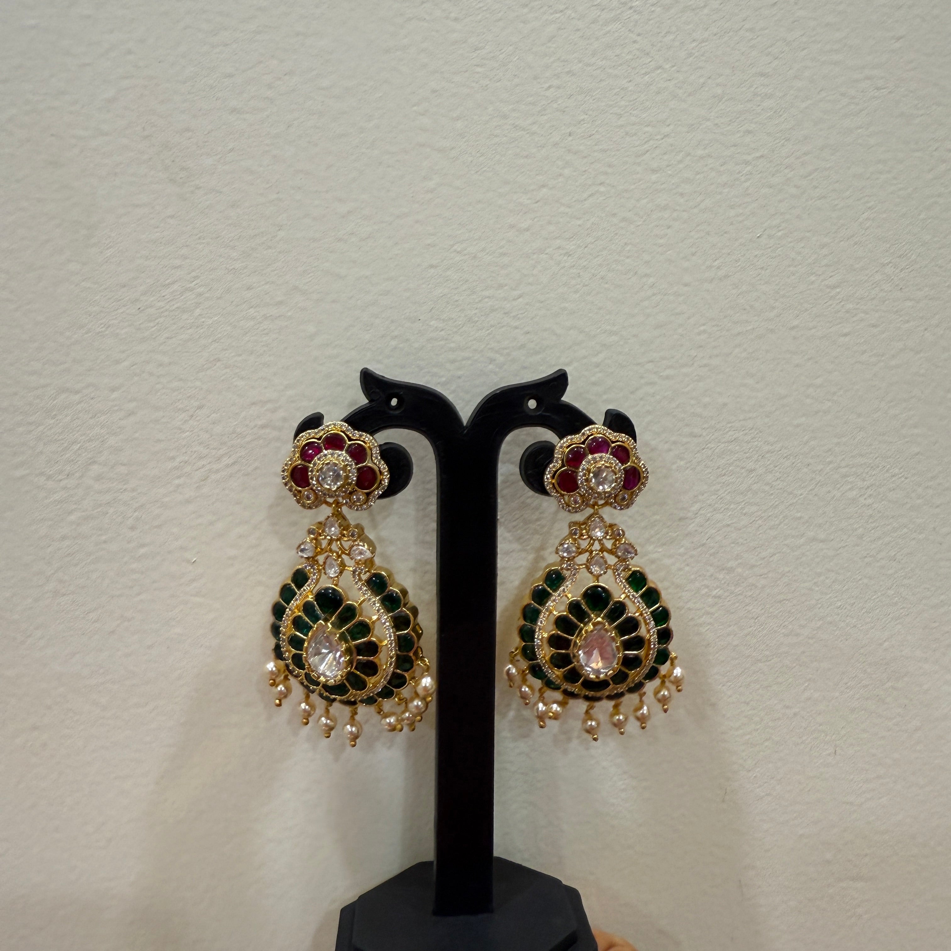 Beautiful Chandbali Earrings with Emerald Stone & Pearl Drops