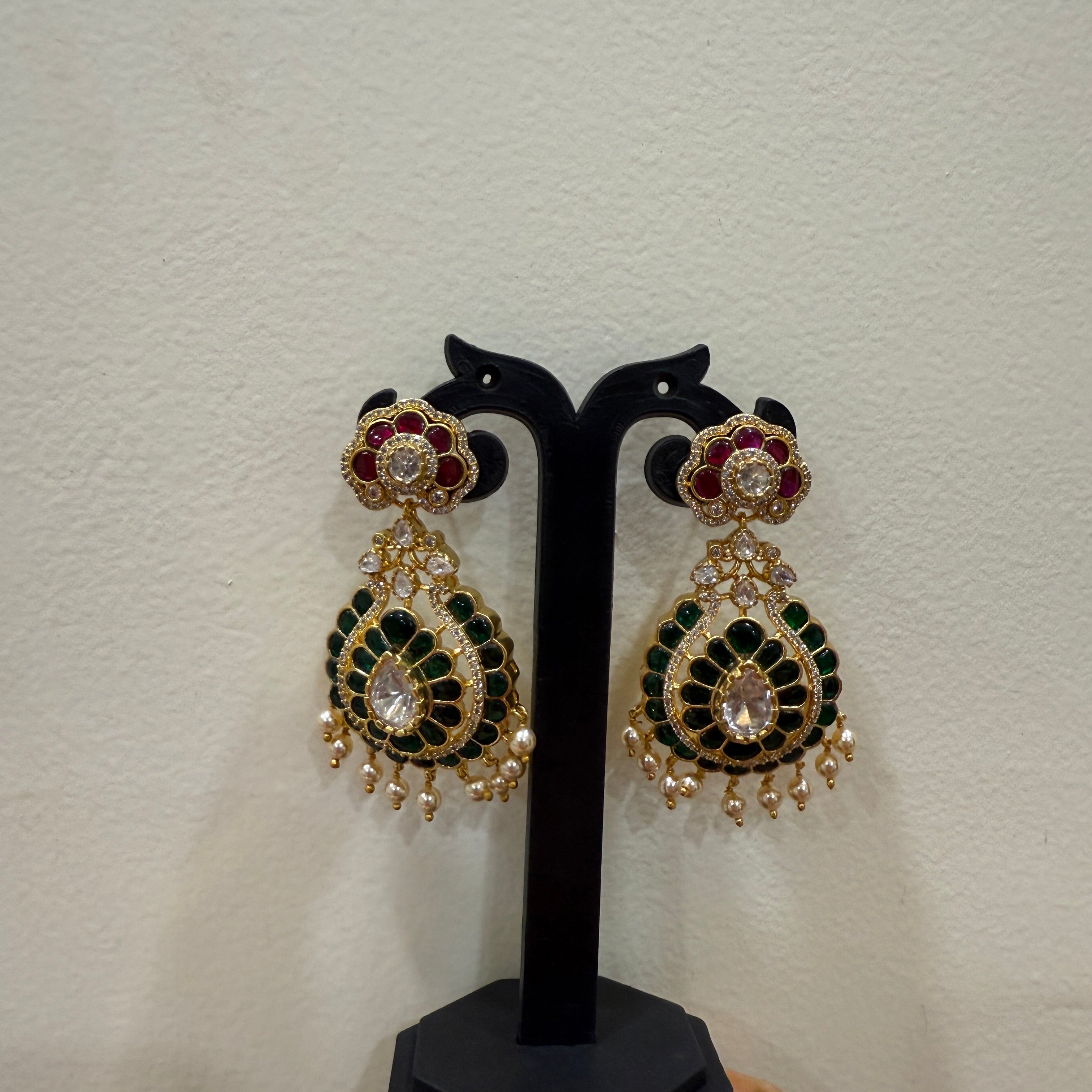 Beautiful Chandbali Earrings with Emerald Stone & Pearl Drops