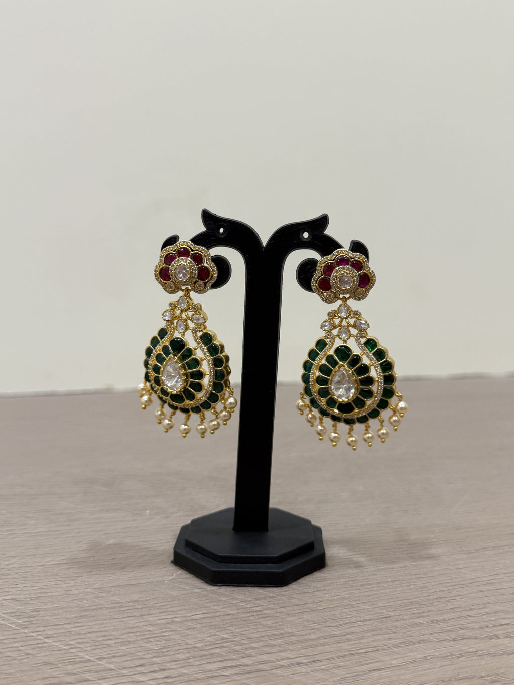 Beautiful Chandbali Earrings with Emerald Stone & Pearl Drops