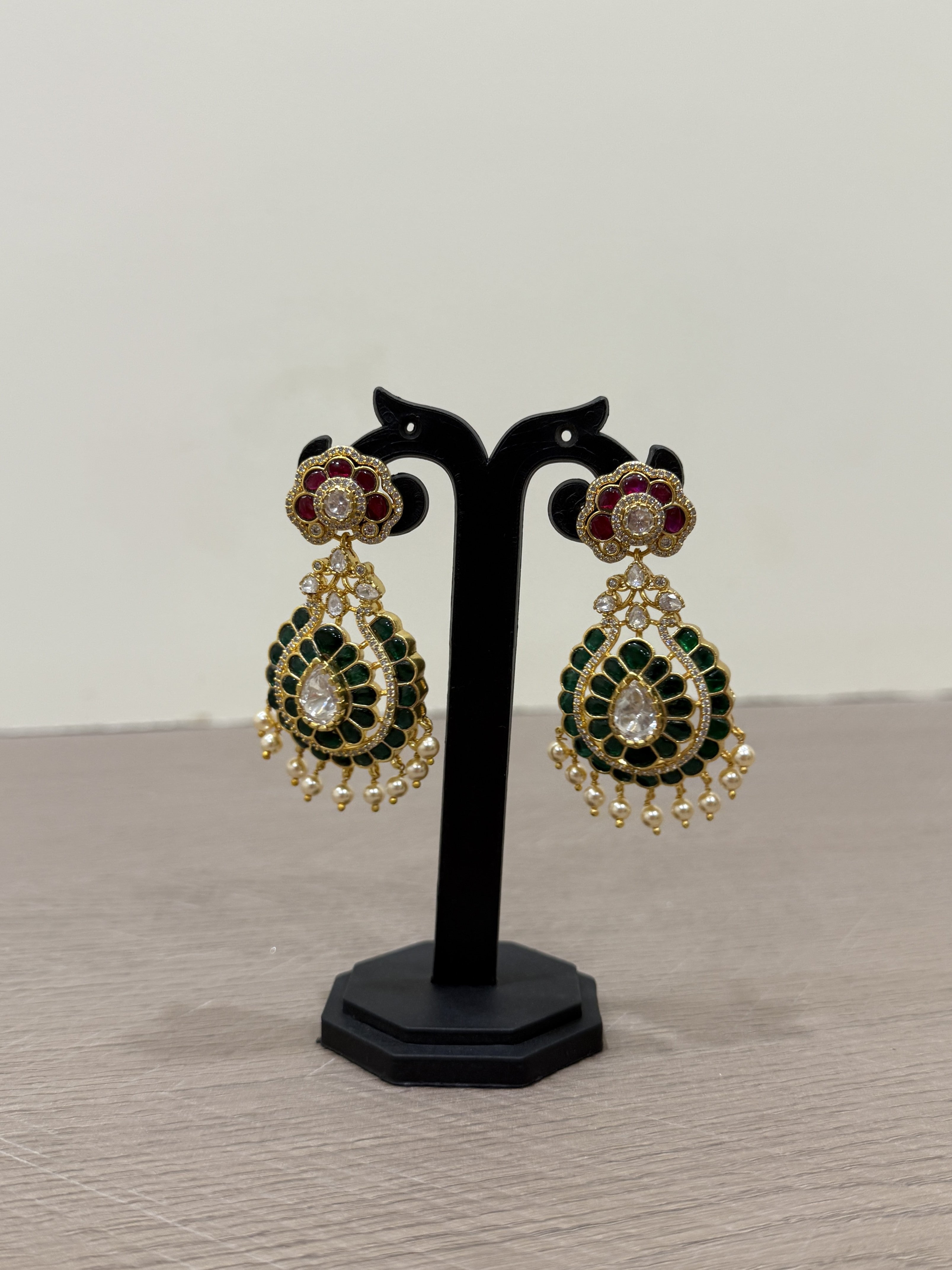 Beautiful Chandbali Earrings with Emerald Stone & Pearl Drops