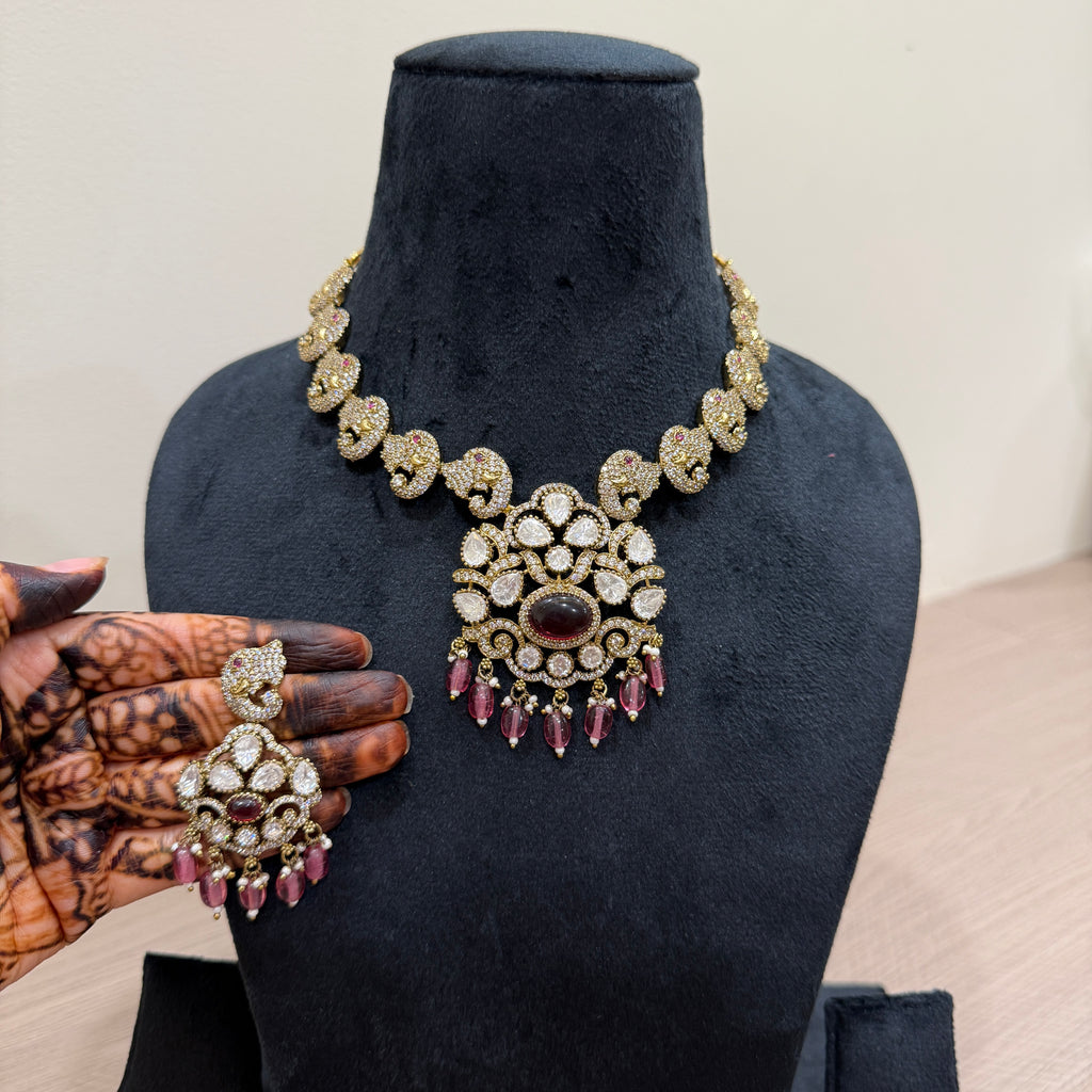 Victorian Polki Necklace & Earring Set with Garnet Centre & Pink Drop