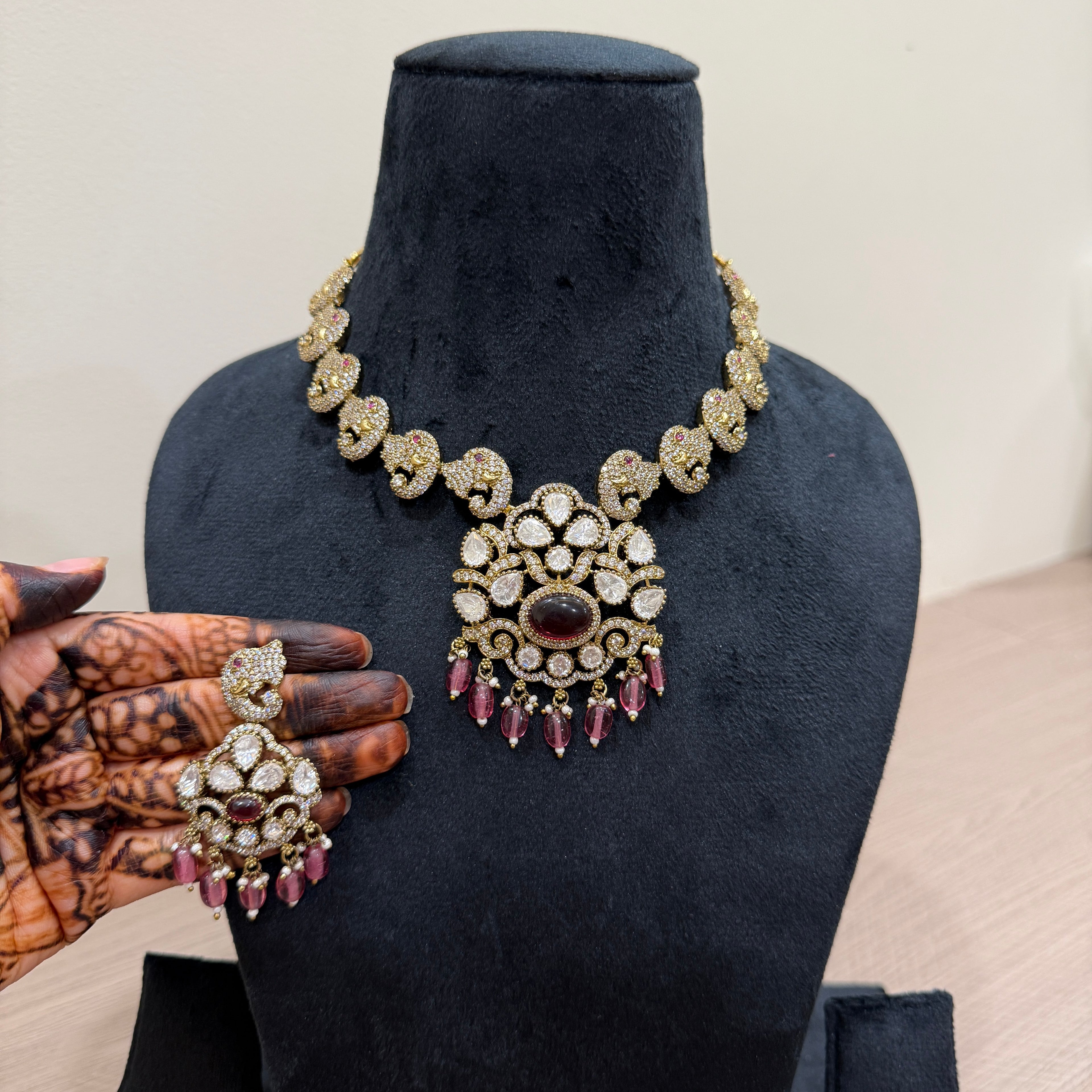 Victorian Polki Necklace & Earring Set with Garnet Centre & Pink Drop