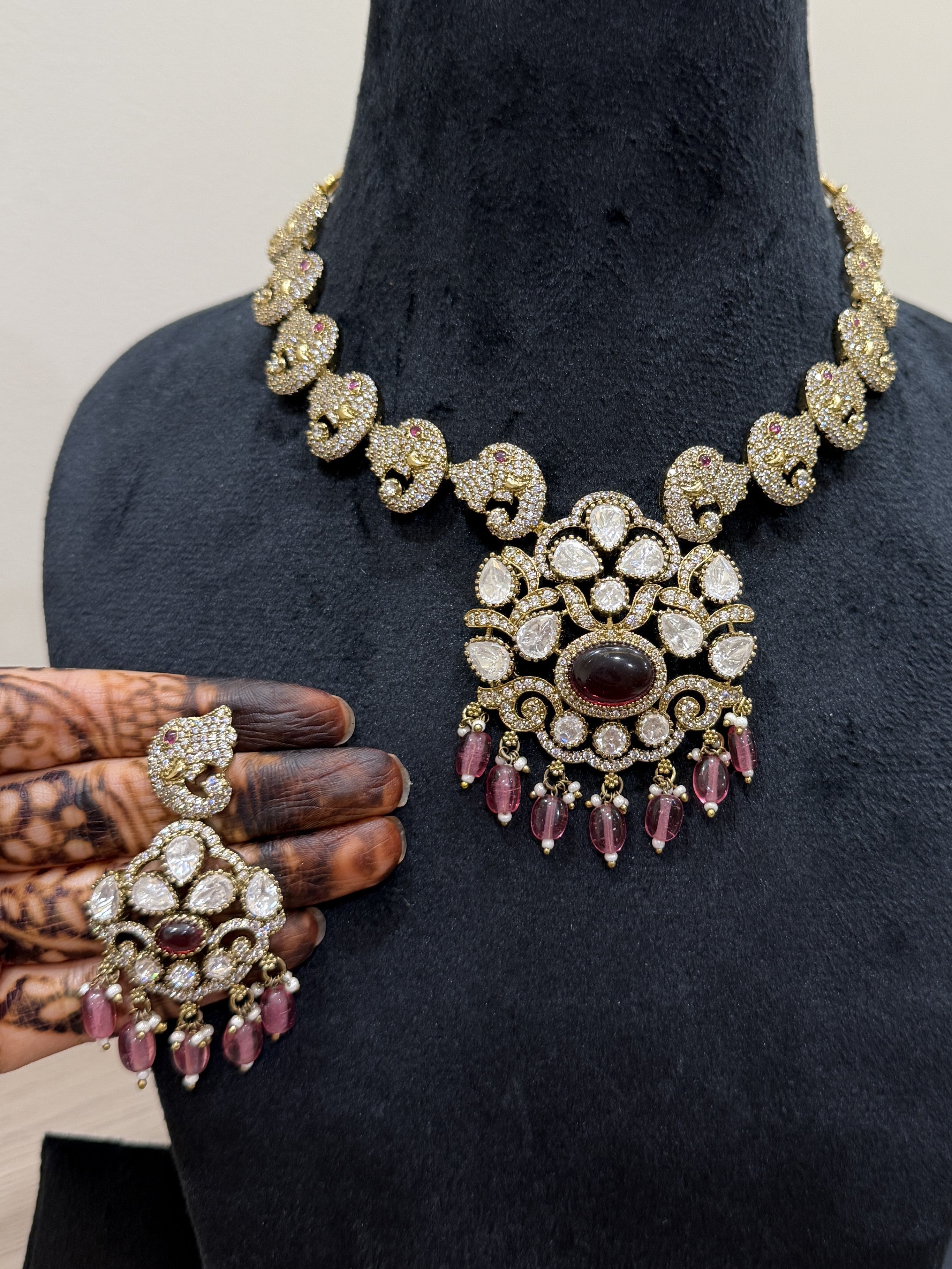 Victorian Polki Necklace & Earring Set with Garnet Centre & Pink Drop