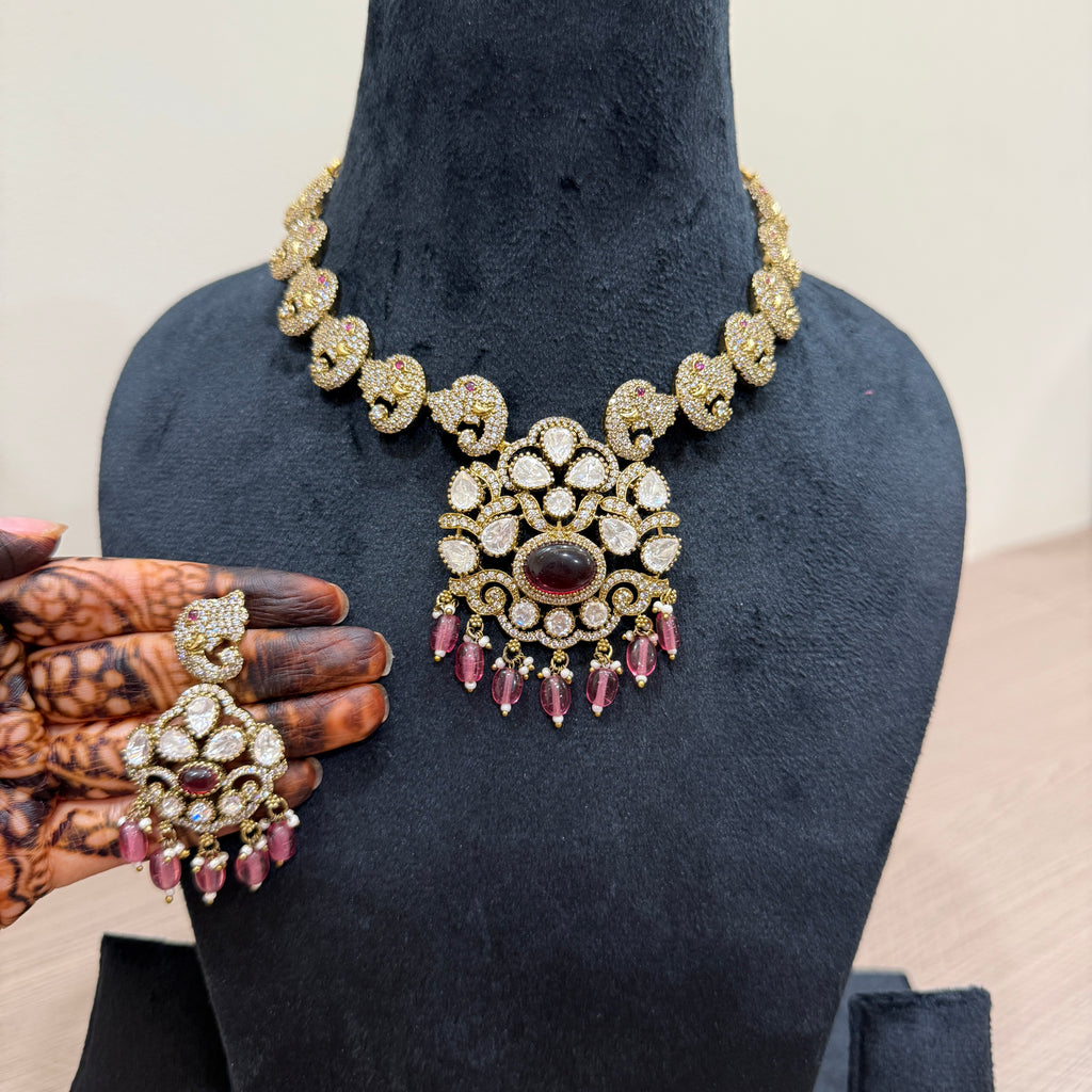Victorian Polki Necklace & Earring Set with Garnet Centre & Pink Drop