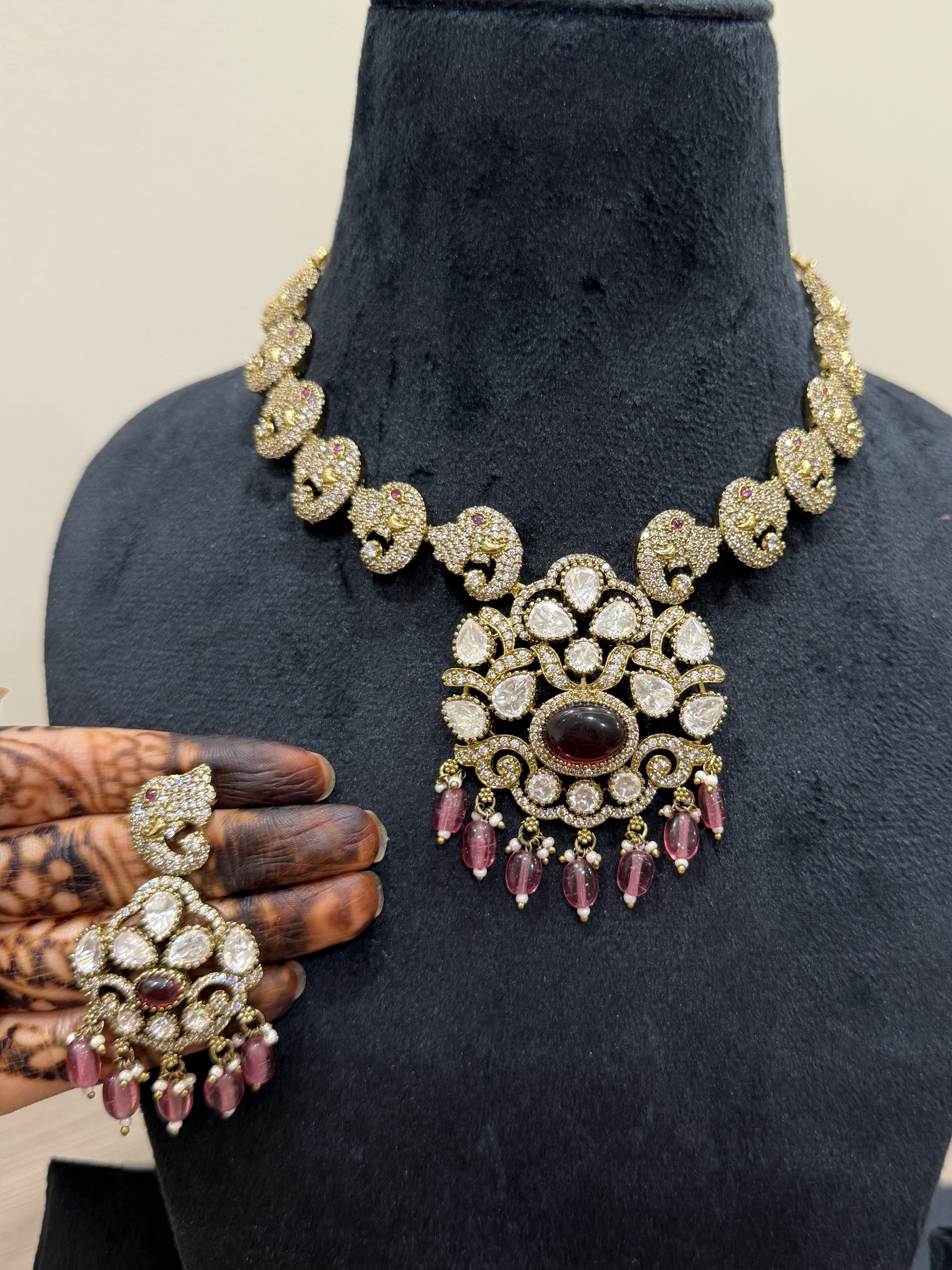 Victorian Polki Necklace & Earring Set with Garnet Centre & Pink Drop