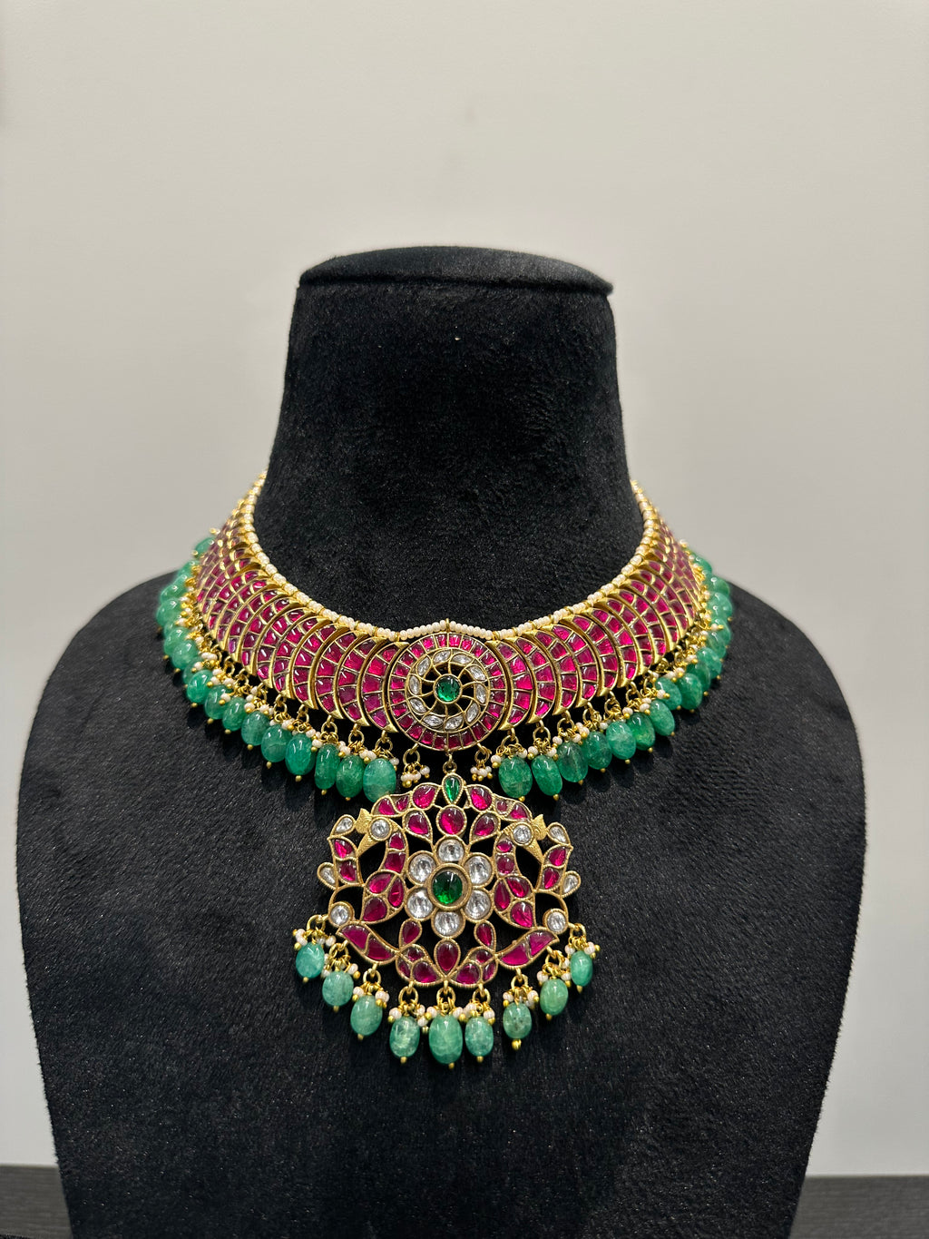 Jadau Kundan Choker Set with Emerald Drops & Ruby Stone Work