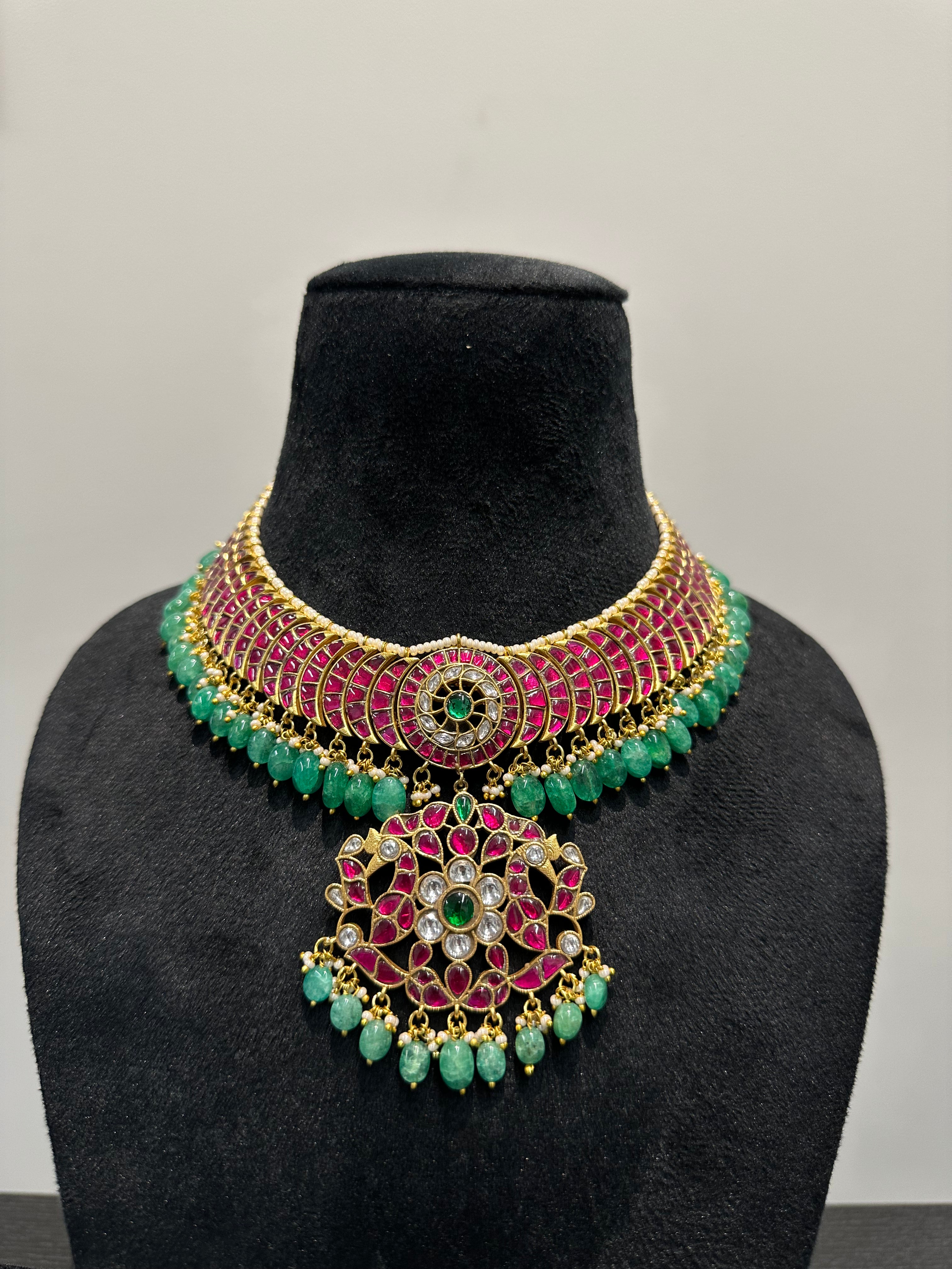 Jadau Kundan Choker Set with Emerald Drops & Ruby Stone Work