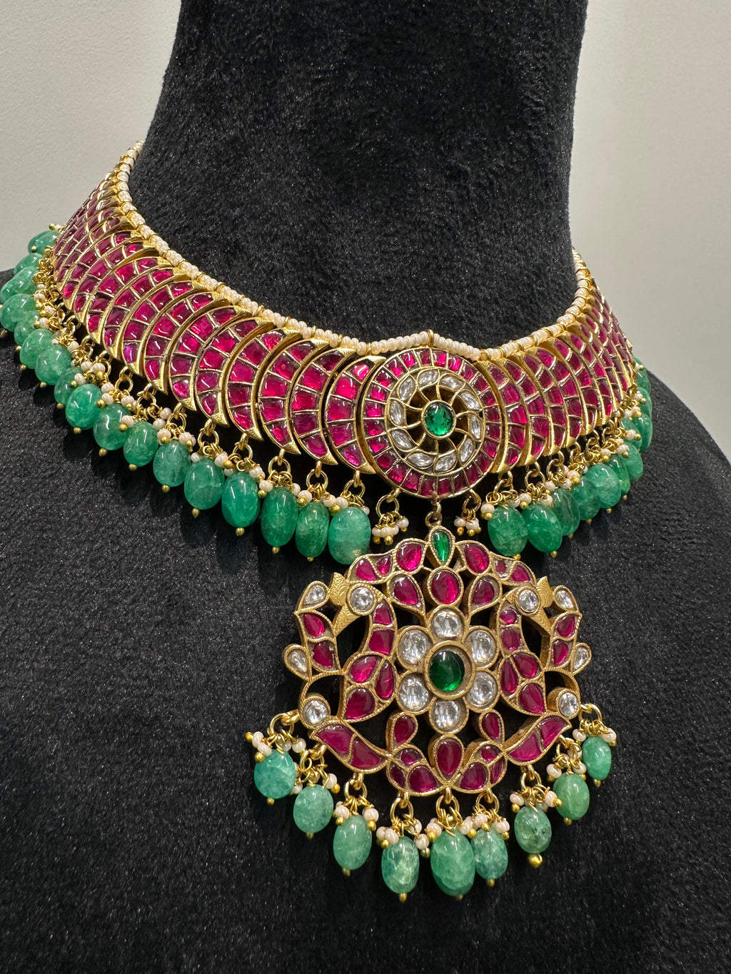 Jadau Kundan Choker Set with Emerald Drops & Ruby Stone Work