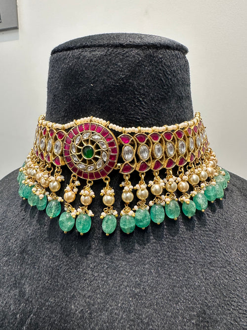 Elegant Choker Necklace with Emerald Bead & Pearl Fringe