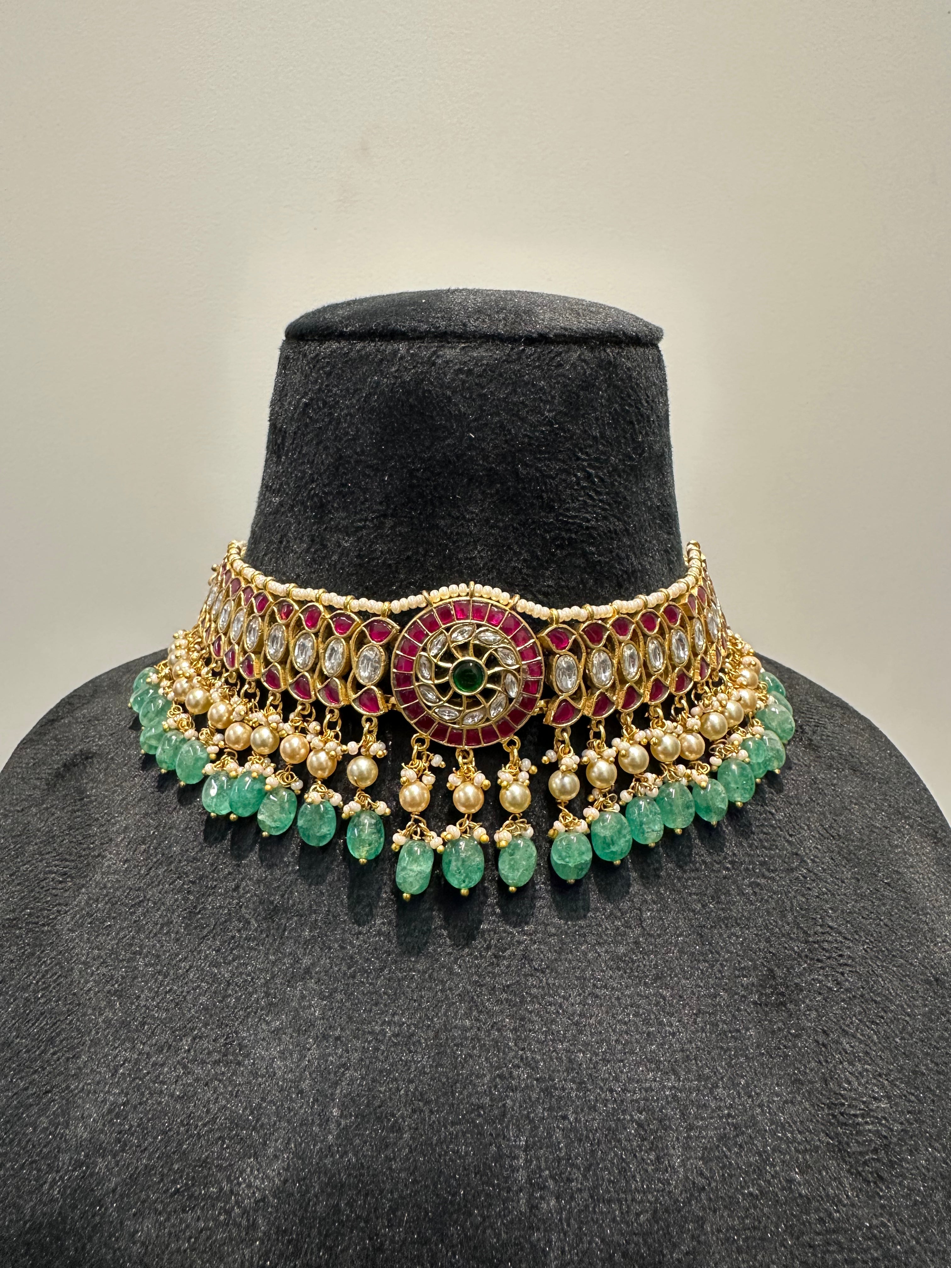 Elegant Choker Necklace with Emerald Bead & Pearl Fringe