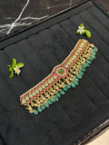 Elegant Choker Necklace with Emerald Bead & Pearl Fringe