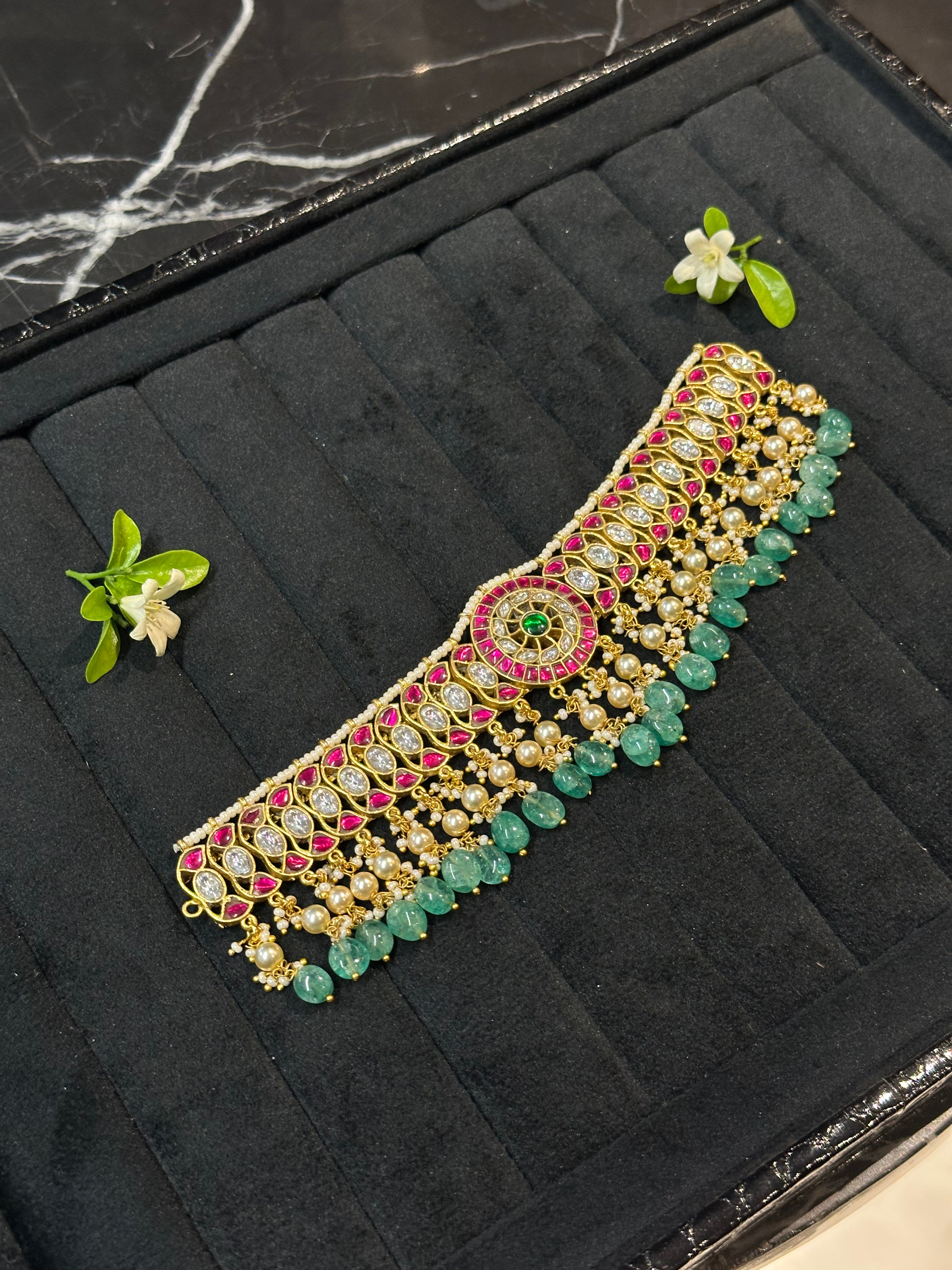Elegant Choker Necklace with Emerald Bead & Pearl Fringe