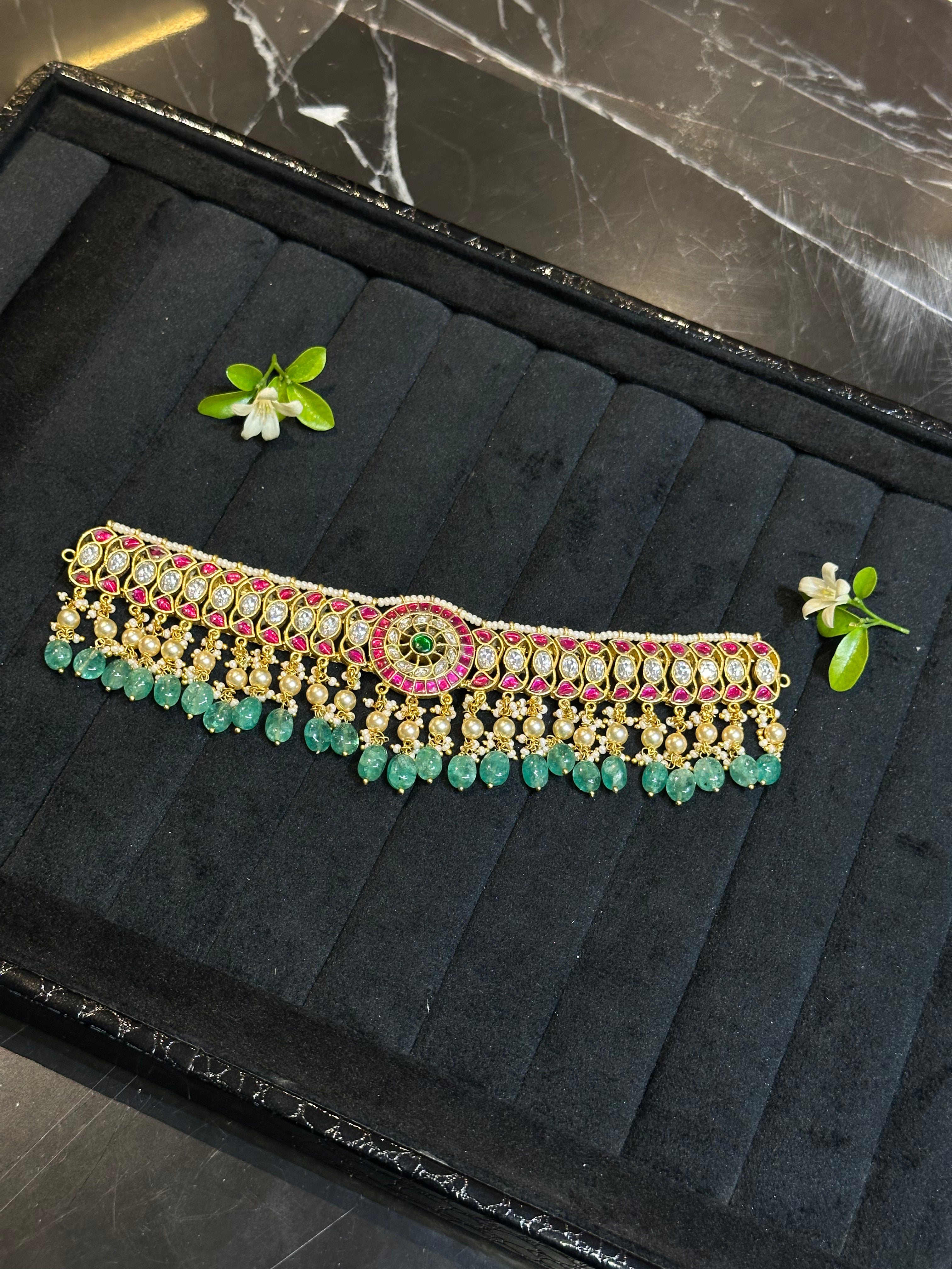 Elegant Choker Necklace with Emerald Bead & Pearl Fringe