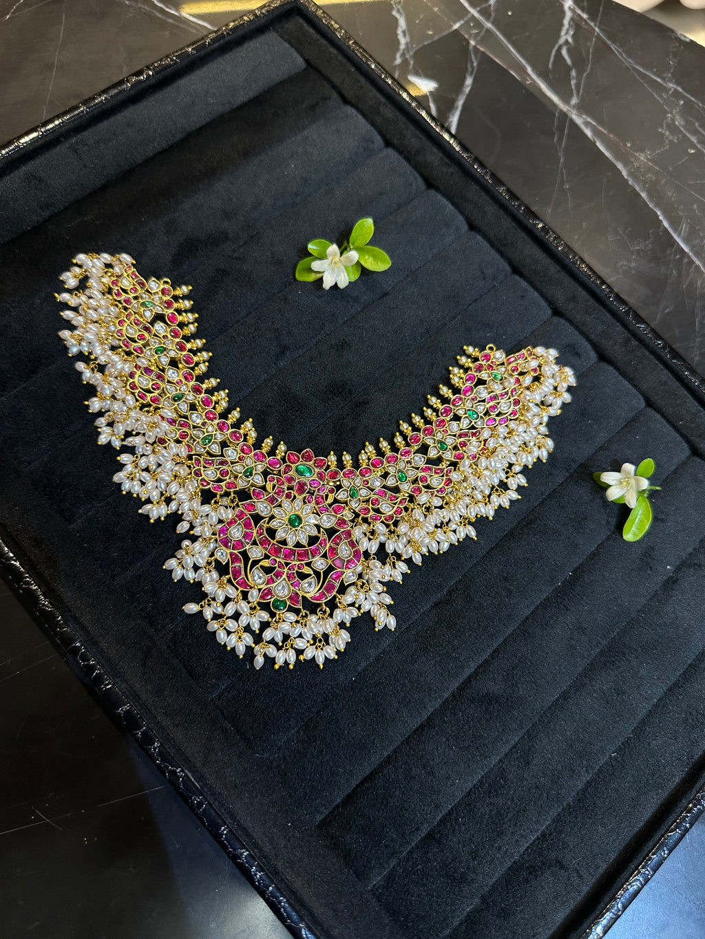 Guttapusalu Jadau Kundan Necklace with Pearl Clusters & Floral Motifs | Gold Plated Bridal Statement Necklace