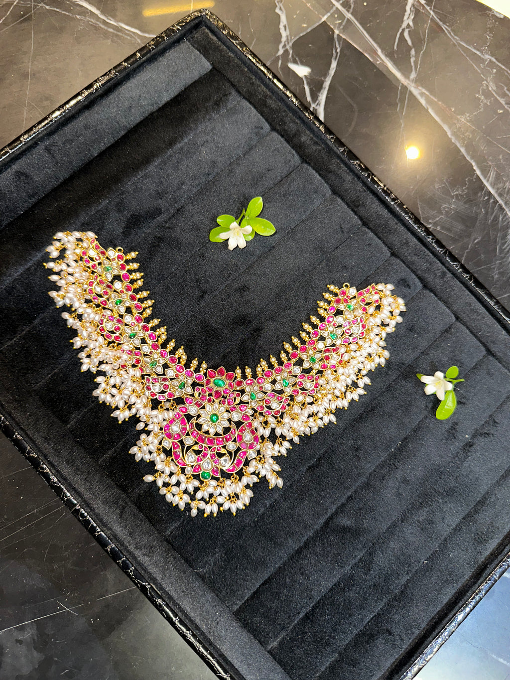 Guttapusalu Jadau Kundan Necklace with Pearl Clusters & Floral Motifs | Gold Plated Bridal Statement Necklace