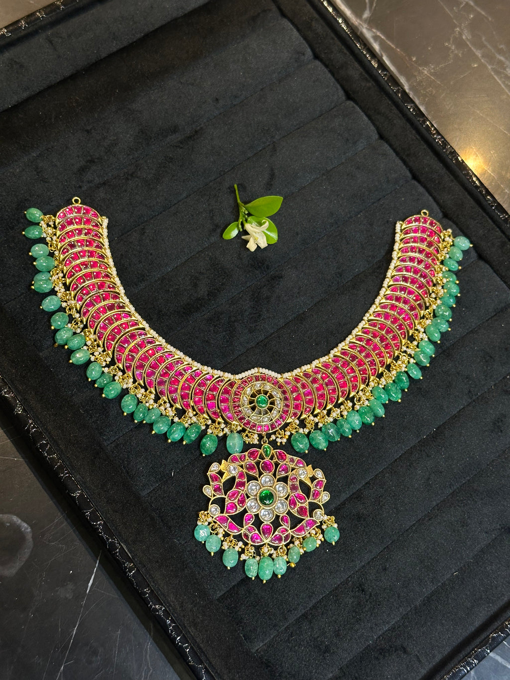Jadau Kundan Choker Set with Emerald Drops & Ruby Stone Work