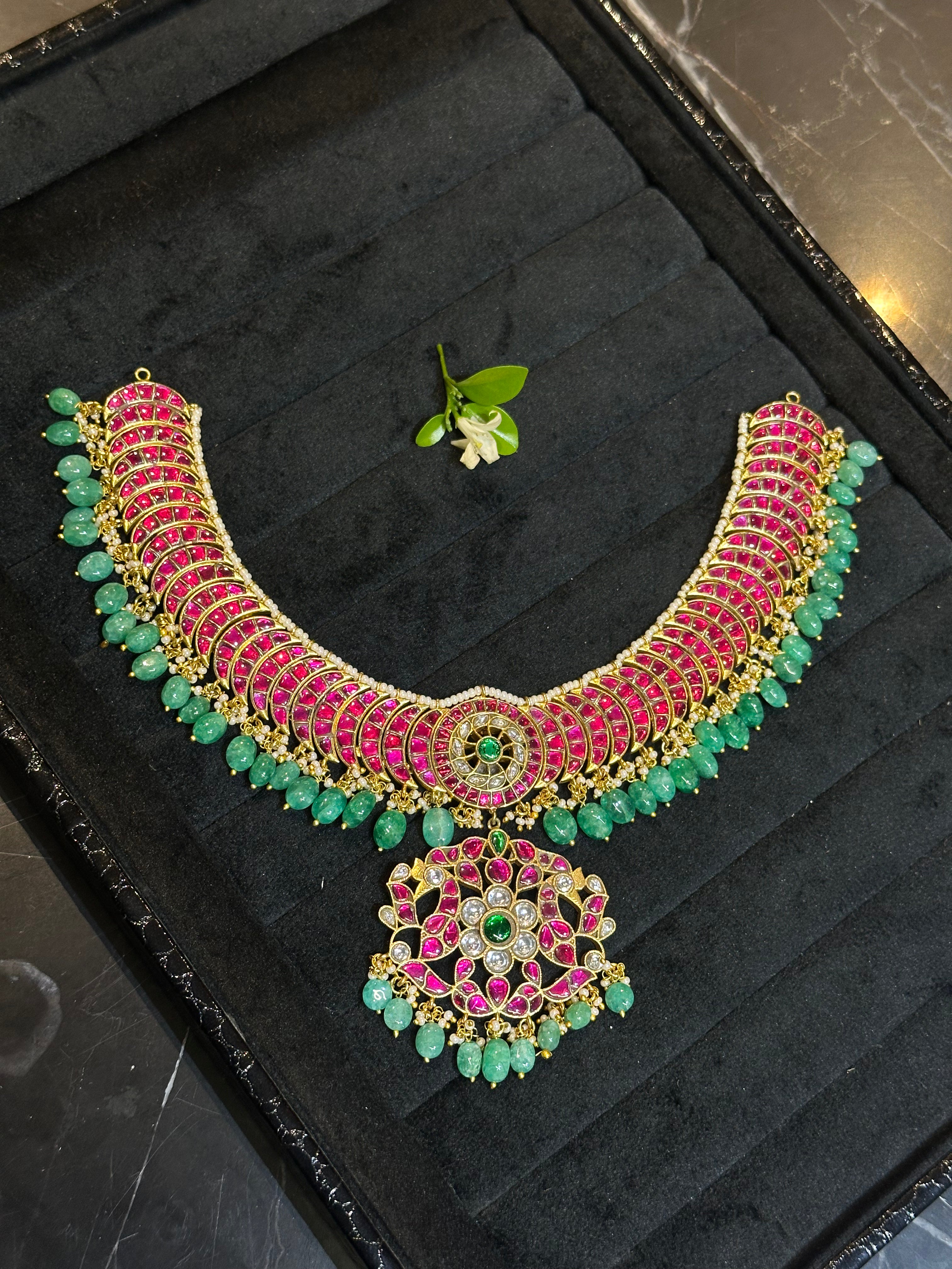 Jadau Kundan Choker Set with Emerald Drops & Ruby Stone Work