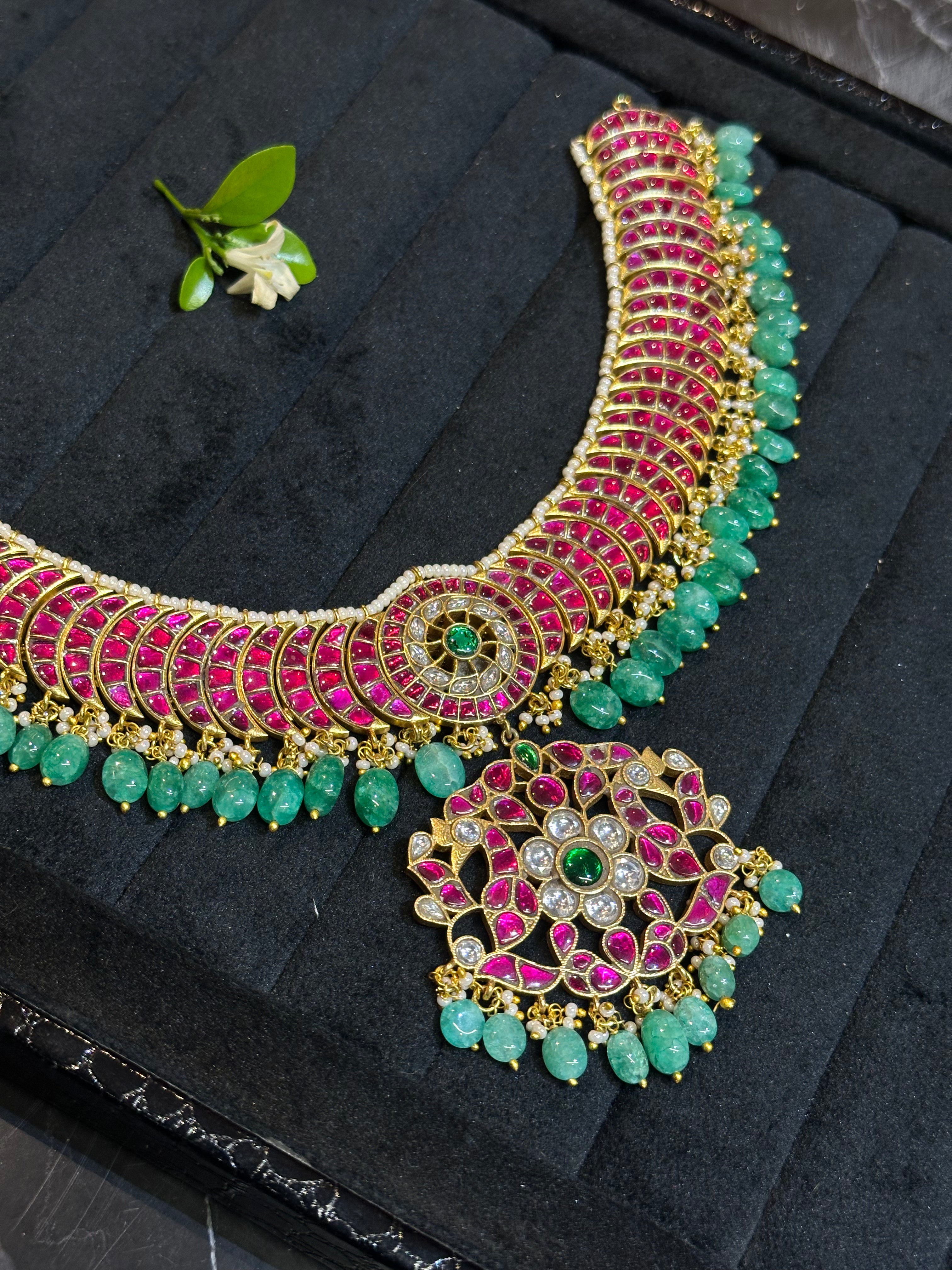 Jadau Kundan Choker Set with Emerald Drops & Ruby Stone Work