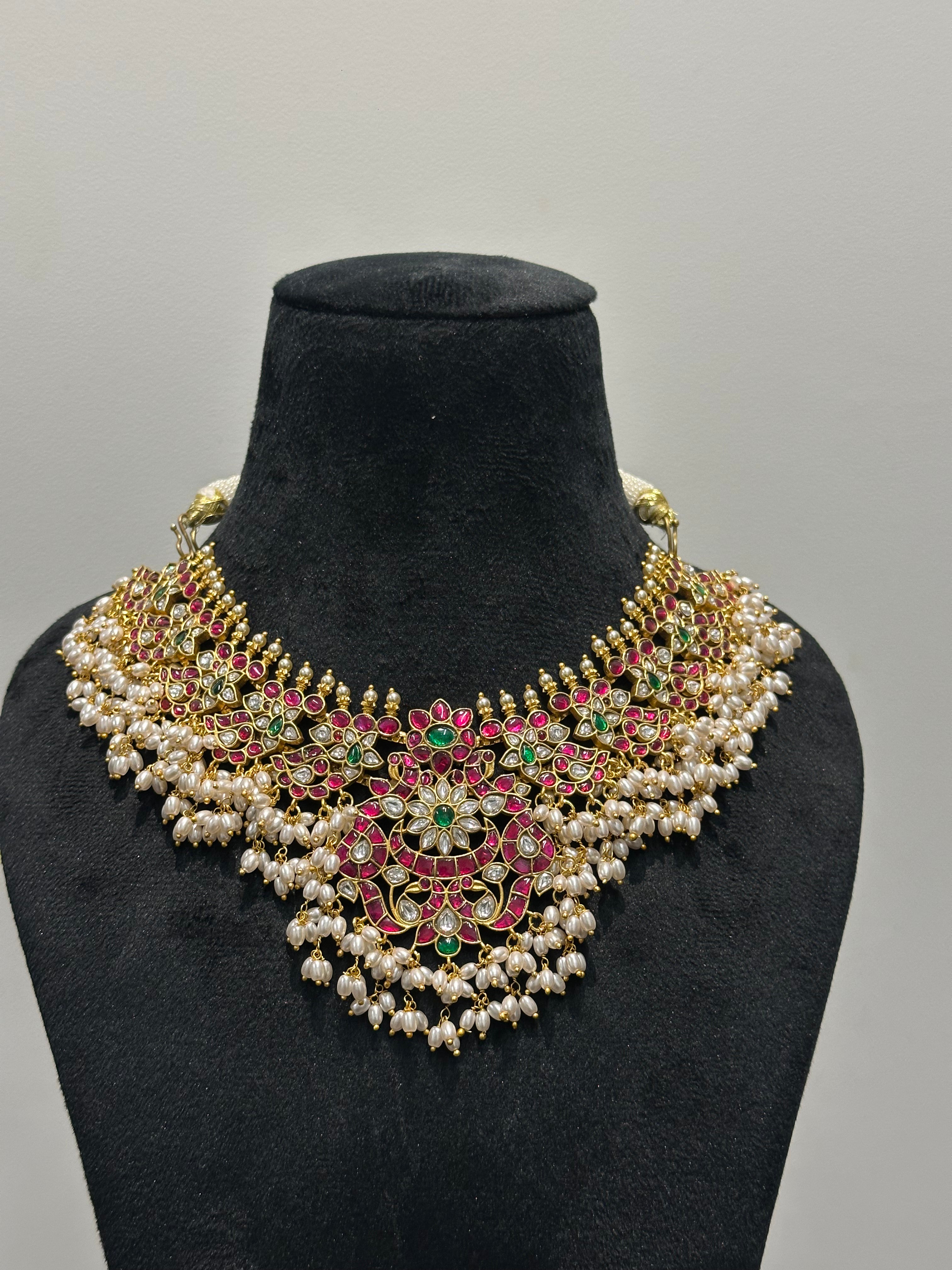 Guttapusalu Jadau Kundan Necklace with Pearl Clusters & Floral Motifs | Gold Plated Bridal Statement Necklace