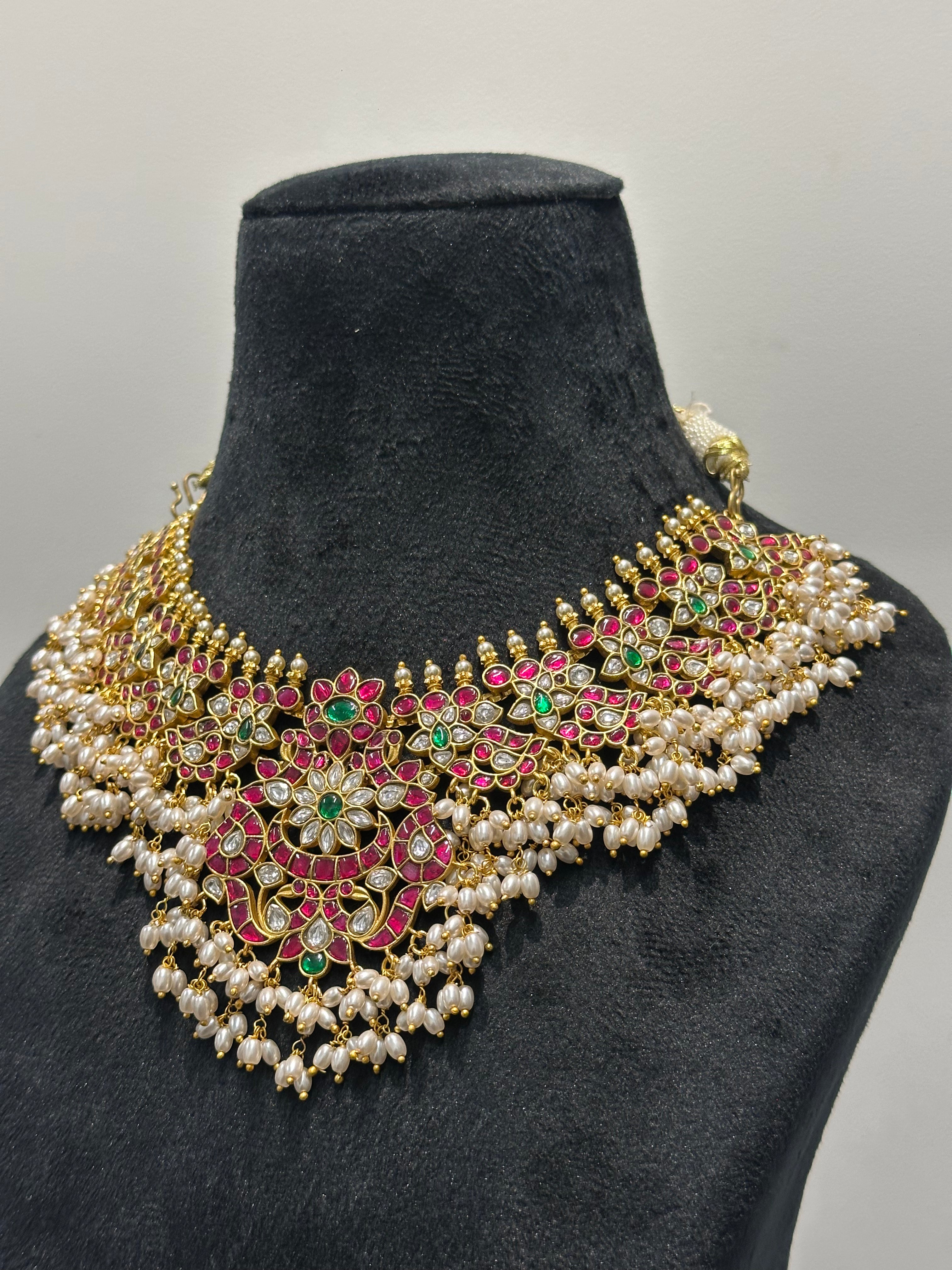 Guttapusalu Jadau Kundan Necklace with Pearl Clusters & Floral Motifs | Gold Plated Bridal Statement Necklace