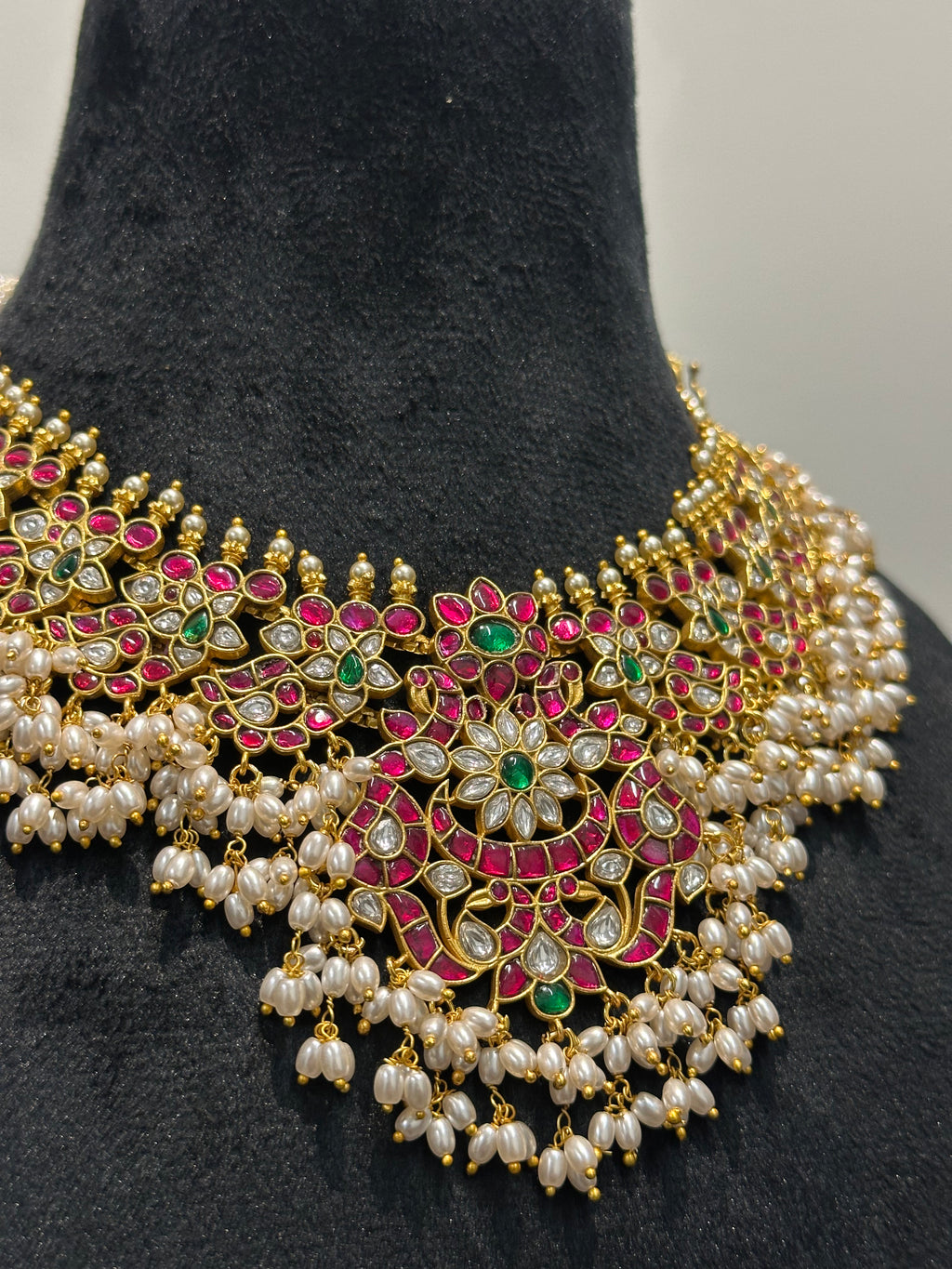 Guttapusalu Jadau Kundan Necklace with Pearl Clusters & Floral Motifs | Gold Plated Bridal Statement Necklace