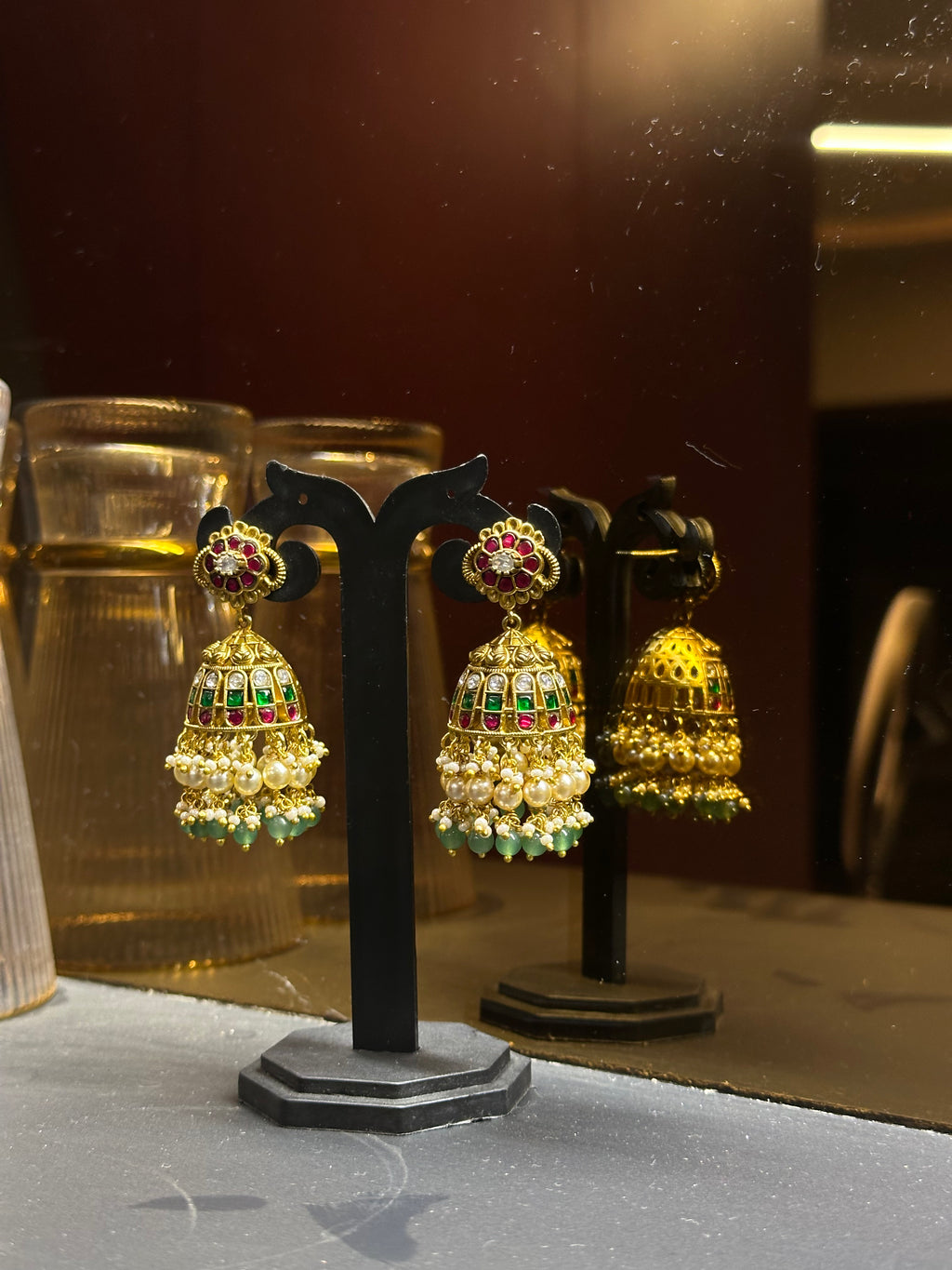 Floral Jadau Kundan Jhumka Earrings with Pearl & Emerald Drops