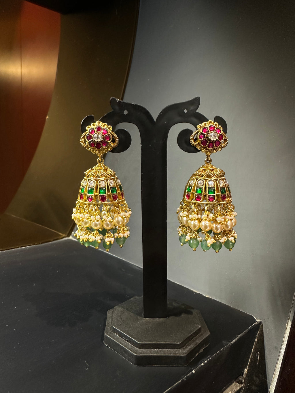 Floral Jadau Kundan Jhumka Earrings with Pearl & Emerald Drops
