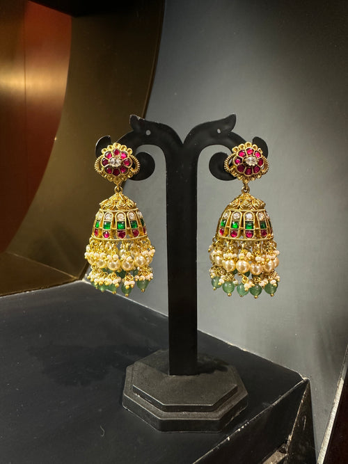 Floral Jadau Kundan Jhumka Earrings with Pearl & Emerald Drops