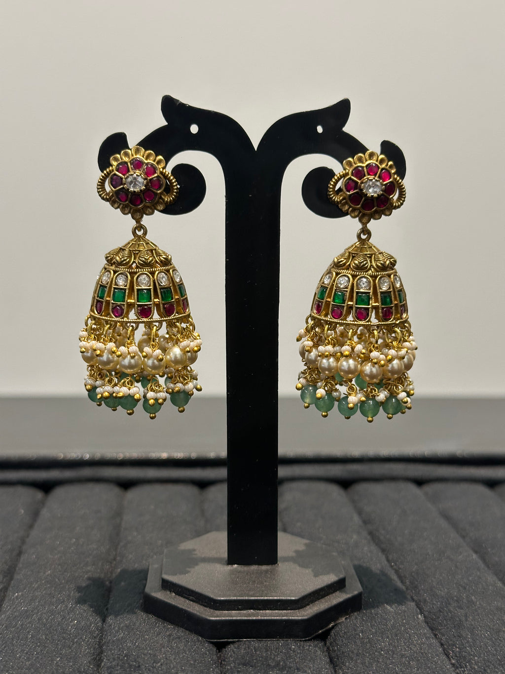 Floral Jadau Kundan Jhumka Earrings with Pearl & Emerald Drops