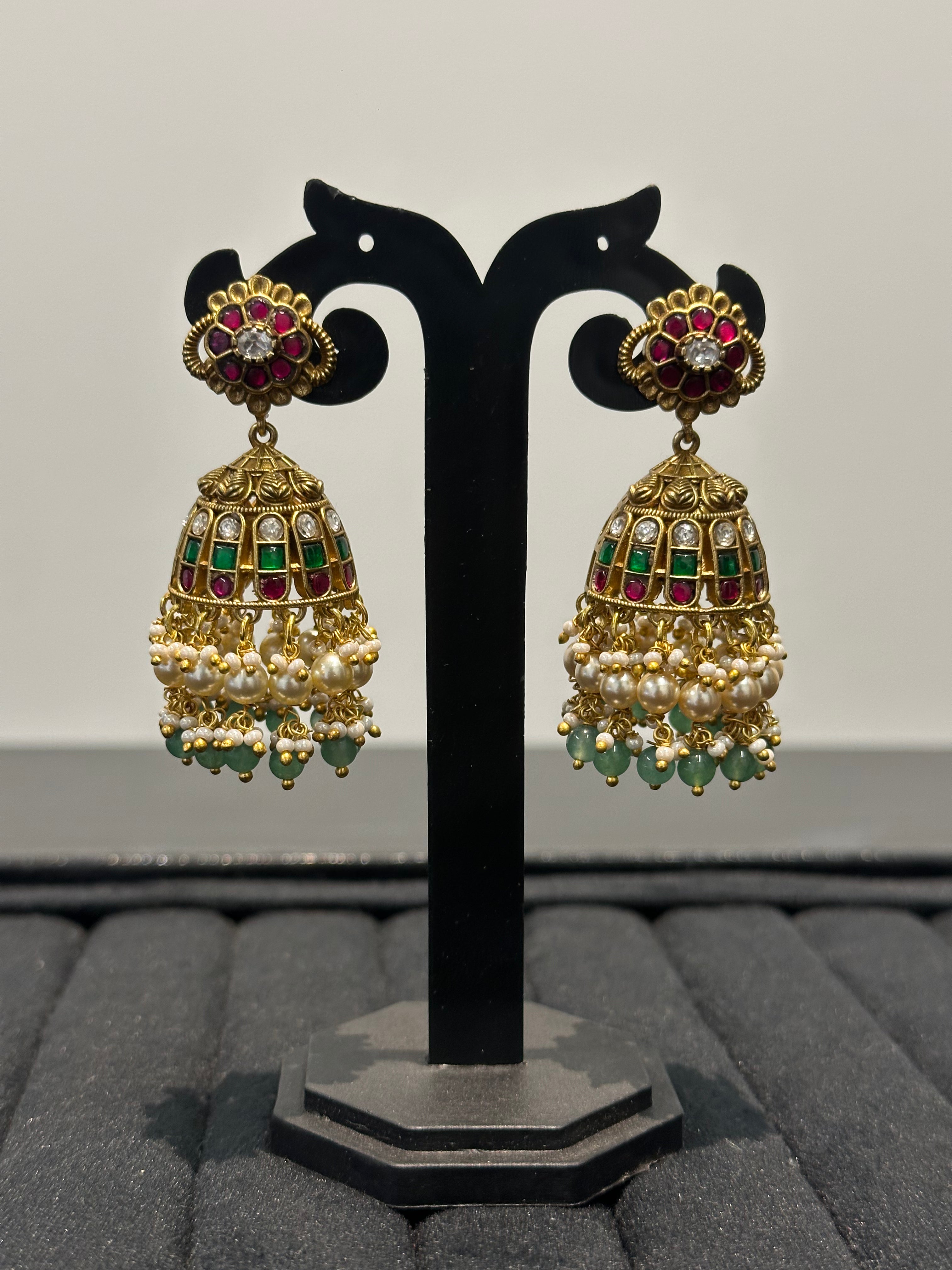 Floral Jadau Kundan Jhumka Earrings with Pearl & Emerald Drops