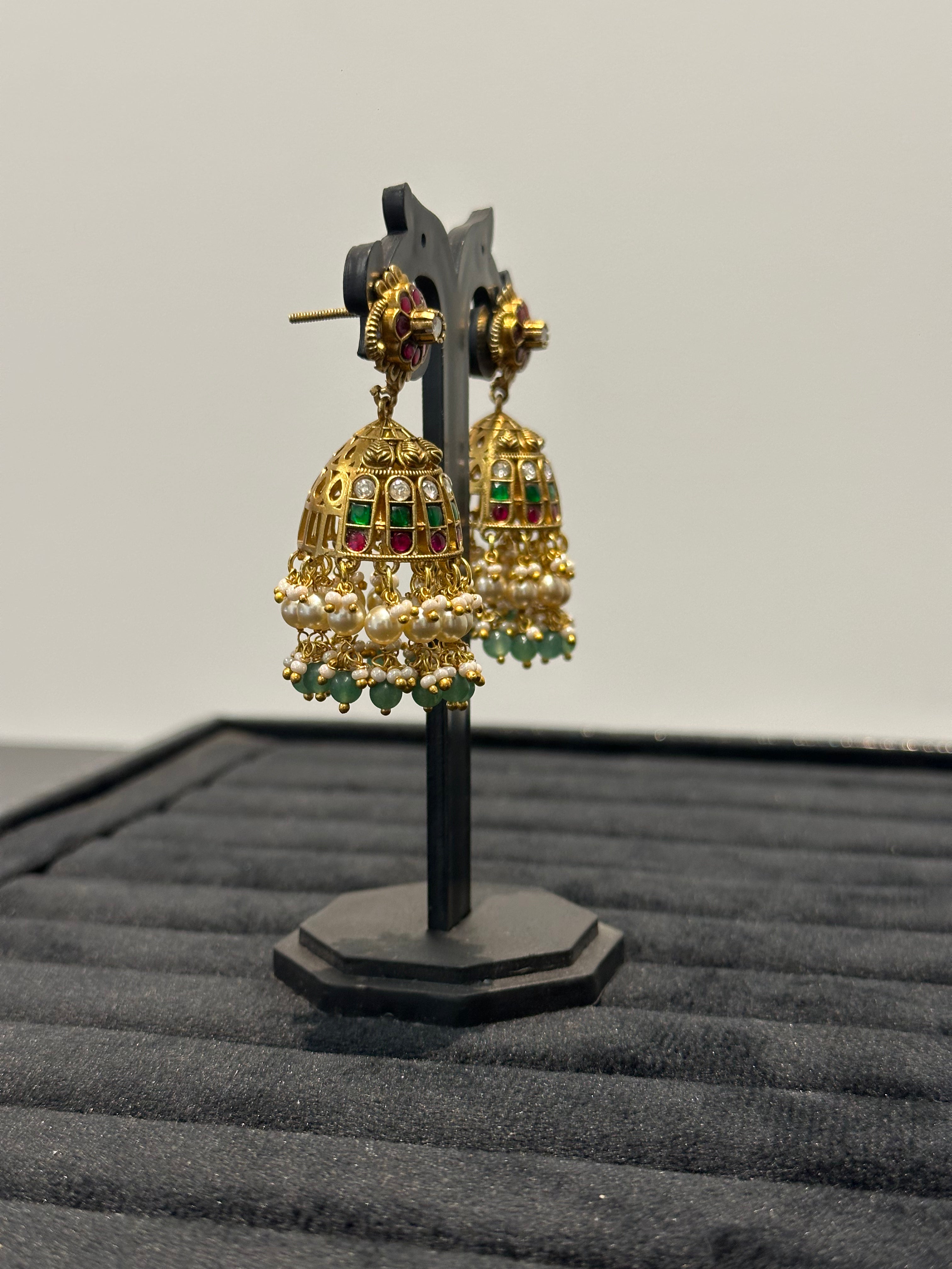 Floral Jadau Kundan Jhumka Earrings with Pearl & Emerald Drops