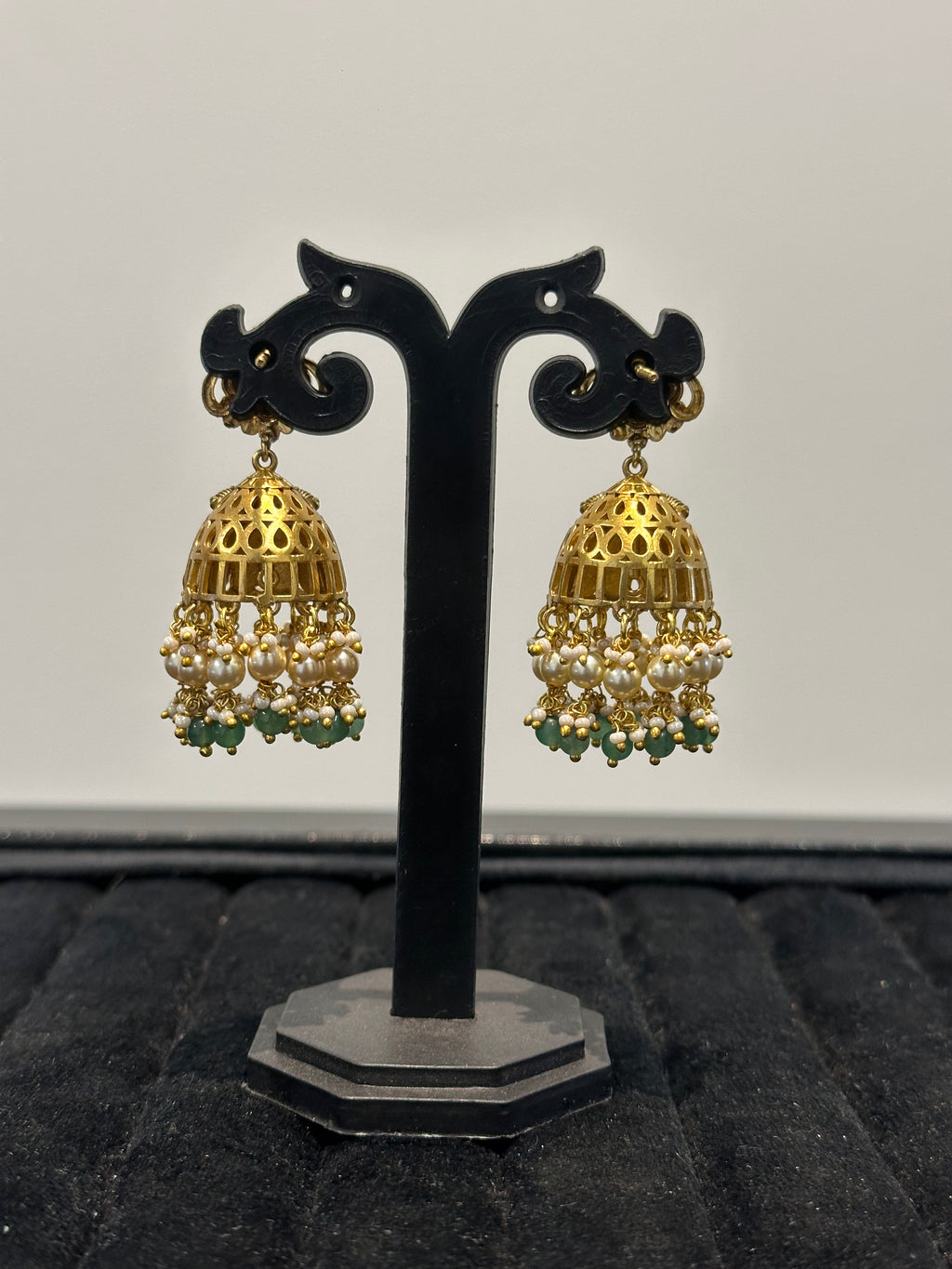 Floral Jadau Kundan Jhumka Earrings with Pearl & Emerald Drops