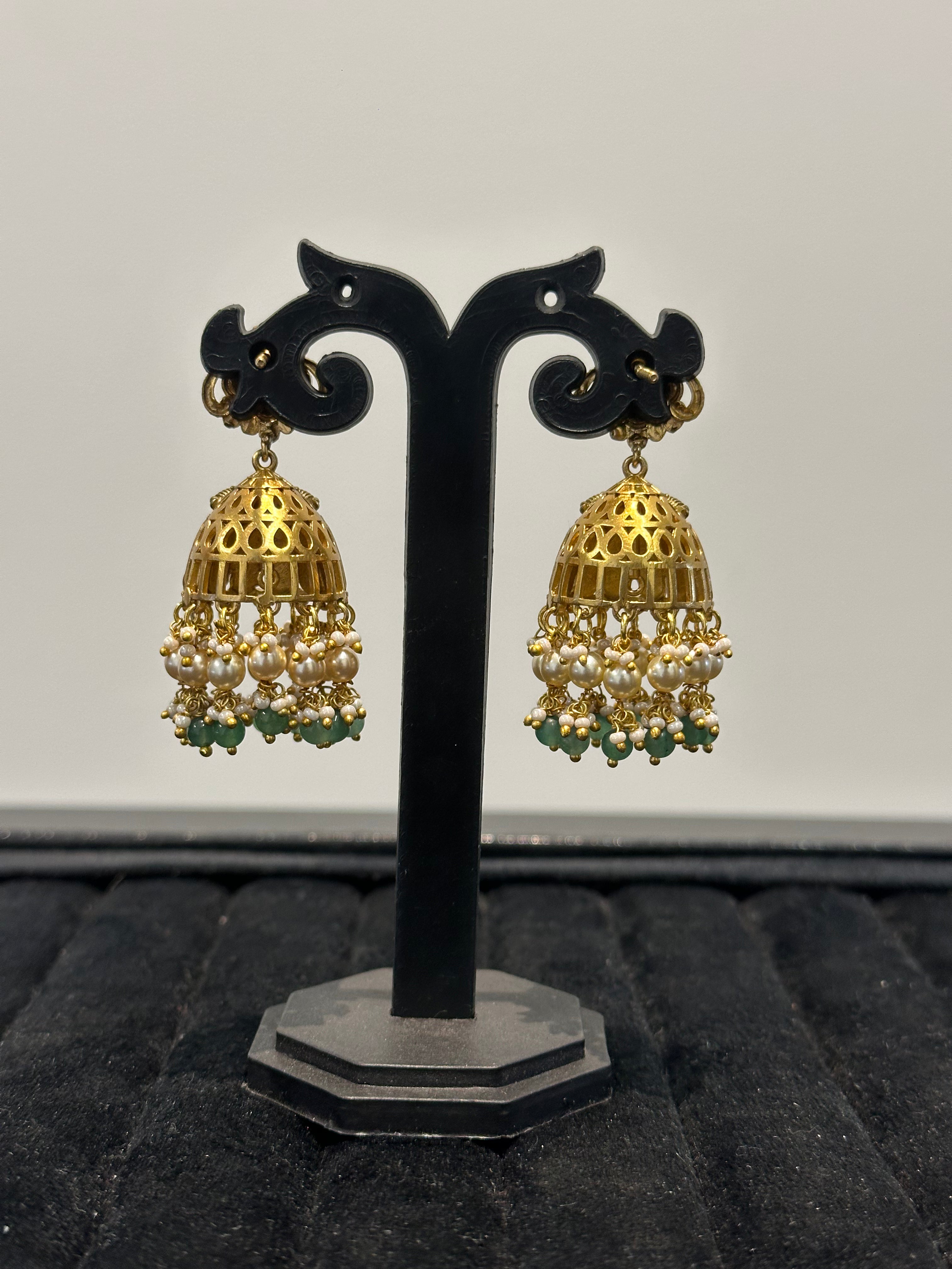Floral Jadau Kundan Jhumka Earrings with Pearl & Emerald Drops