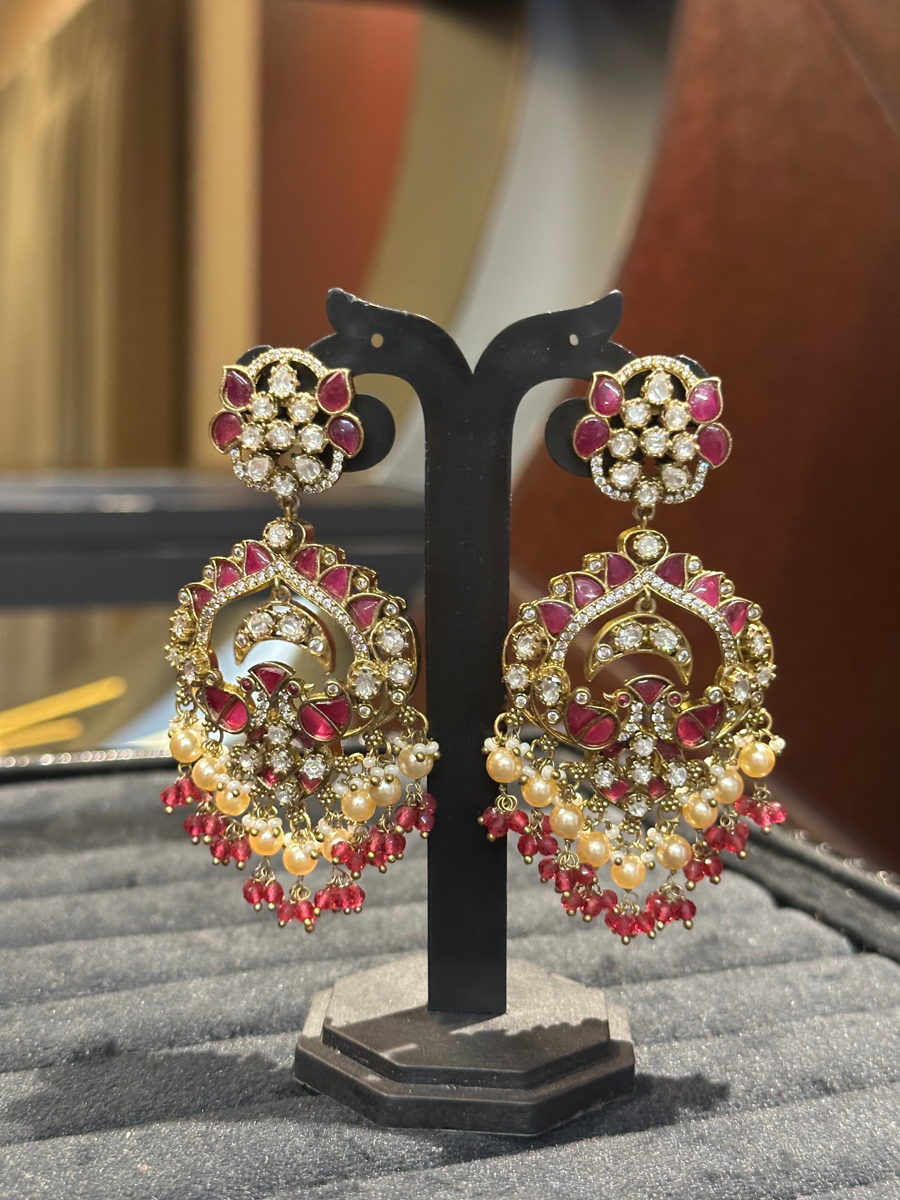 Ayraa Chandbali Earrings with Floral Stud Top, Pearl & Bead Fringe | Gold Plated Bridal Earrings