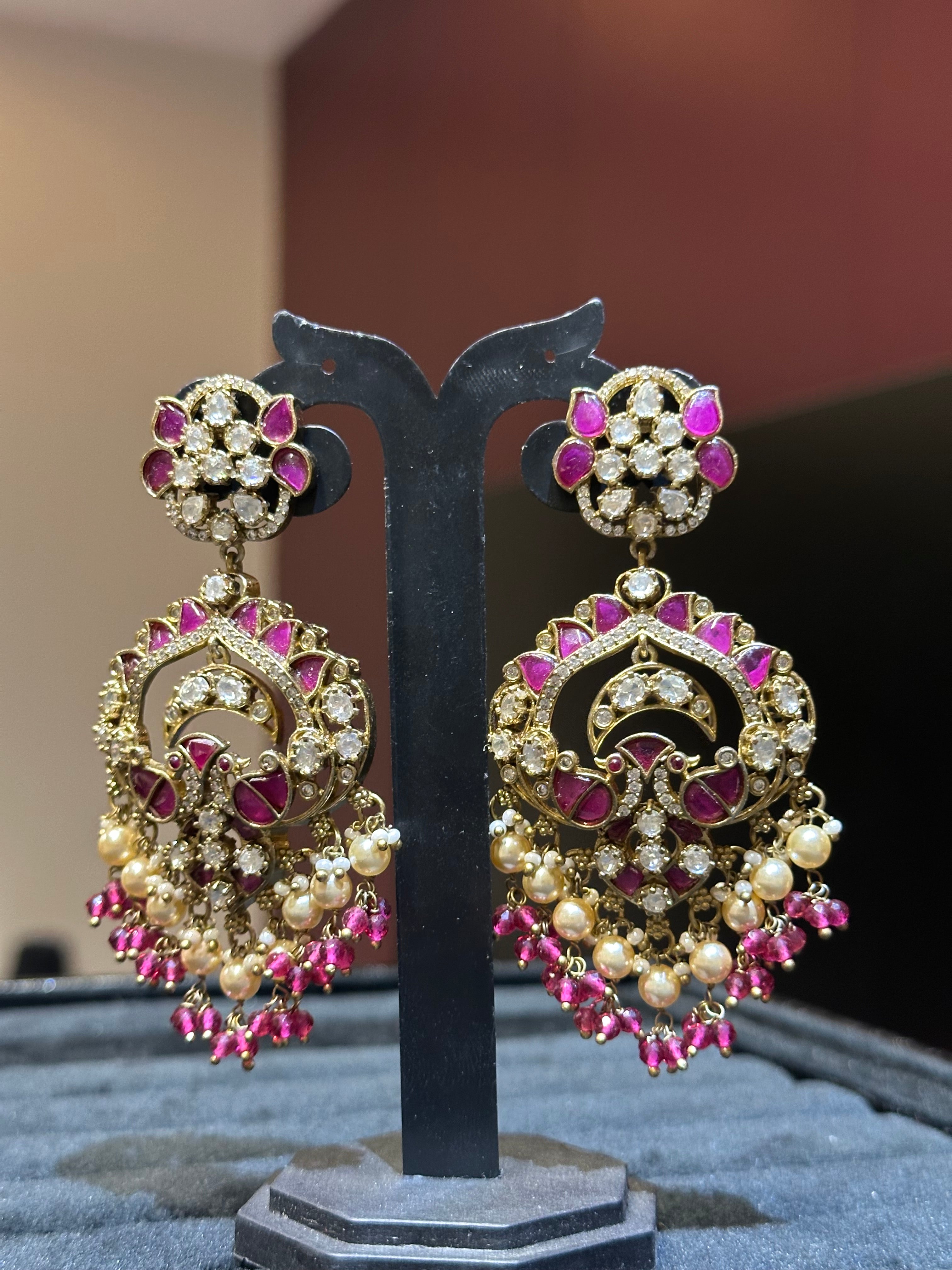 Ayraa Chandbali Earrings with Floral Stud Top, Pearl & Bead Fringe | Gold Plated Bridal Earrings