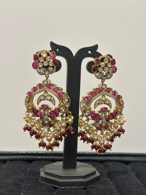 Ayraa Chandbali Earrings with Floral Stud Top, Pearl & Bead Fringe | Gold Plated Bridal Earrings