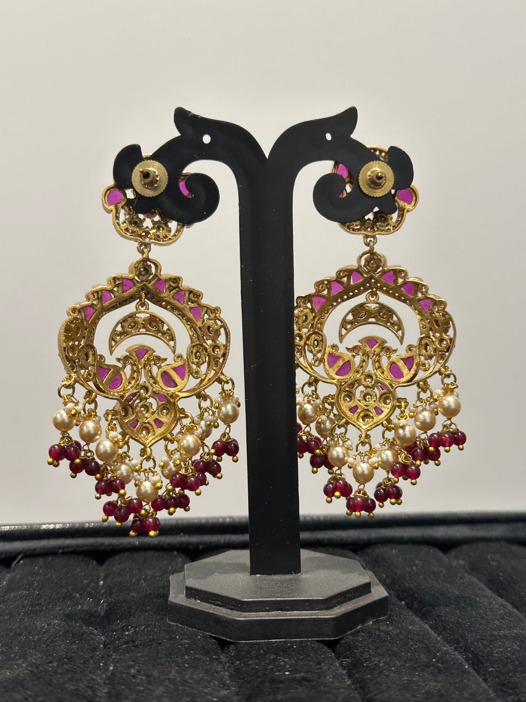 Ayraa Chandbali Earrings with Floral Stud Top, Pearl & Bead Fringe | Gold Plated Bridal Earrings