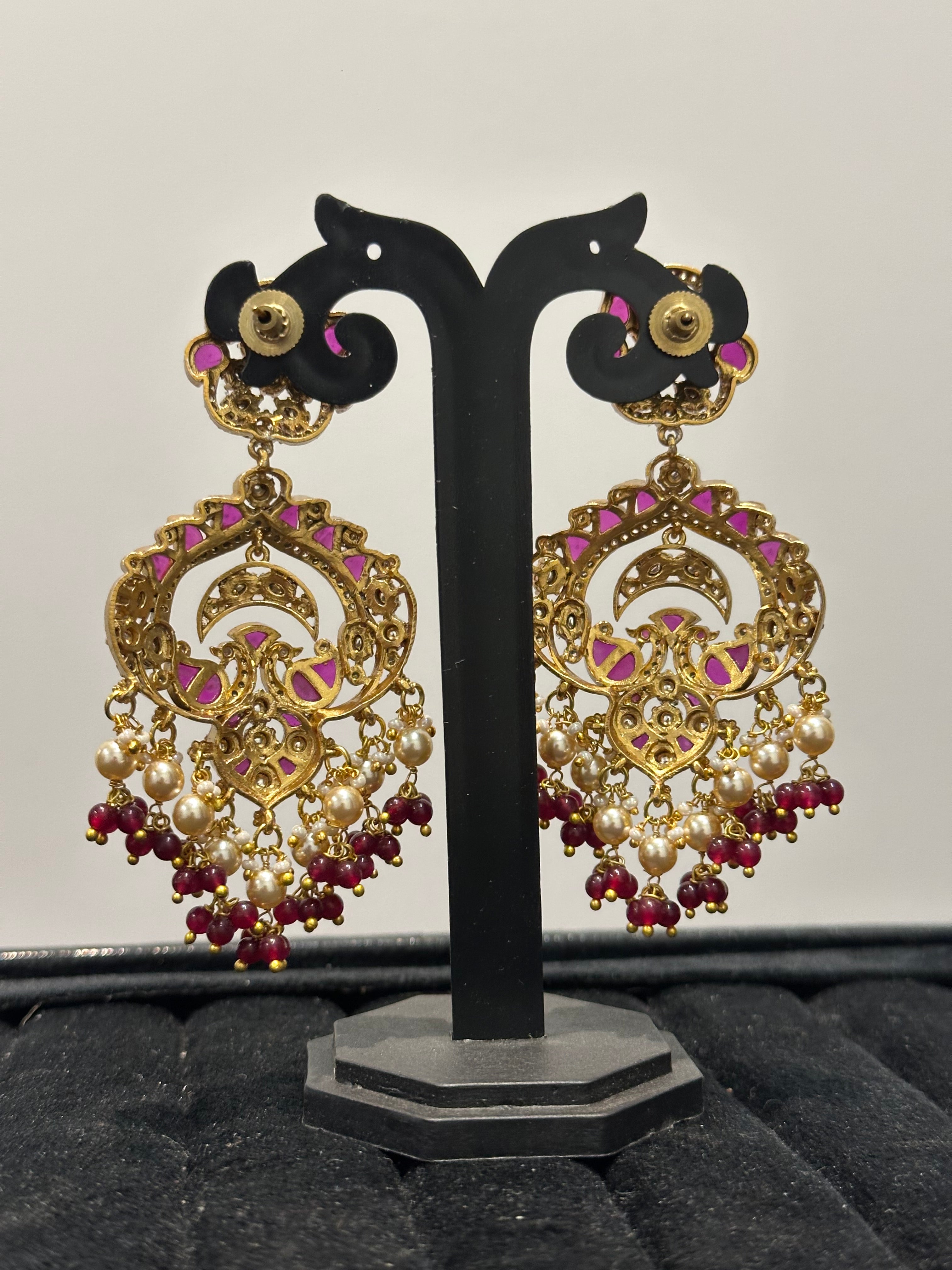 Ayraa Chandbali Earrings with Floral Stud Top, Pearl & Bead Fringe | Gold Plated Bridal Earrings