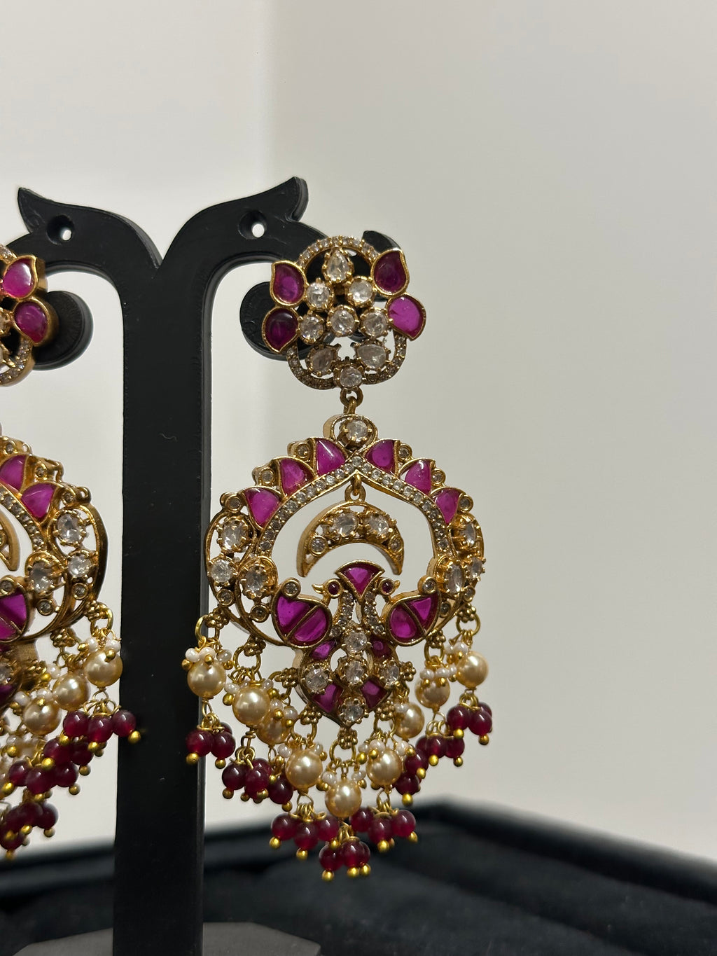 Ayraa Chandbali Earrings with Floral Stud Top, Pearl & Bead Fringe | Gold Plated Bridal Earrings