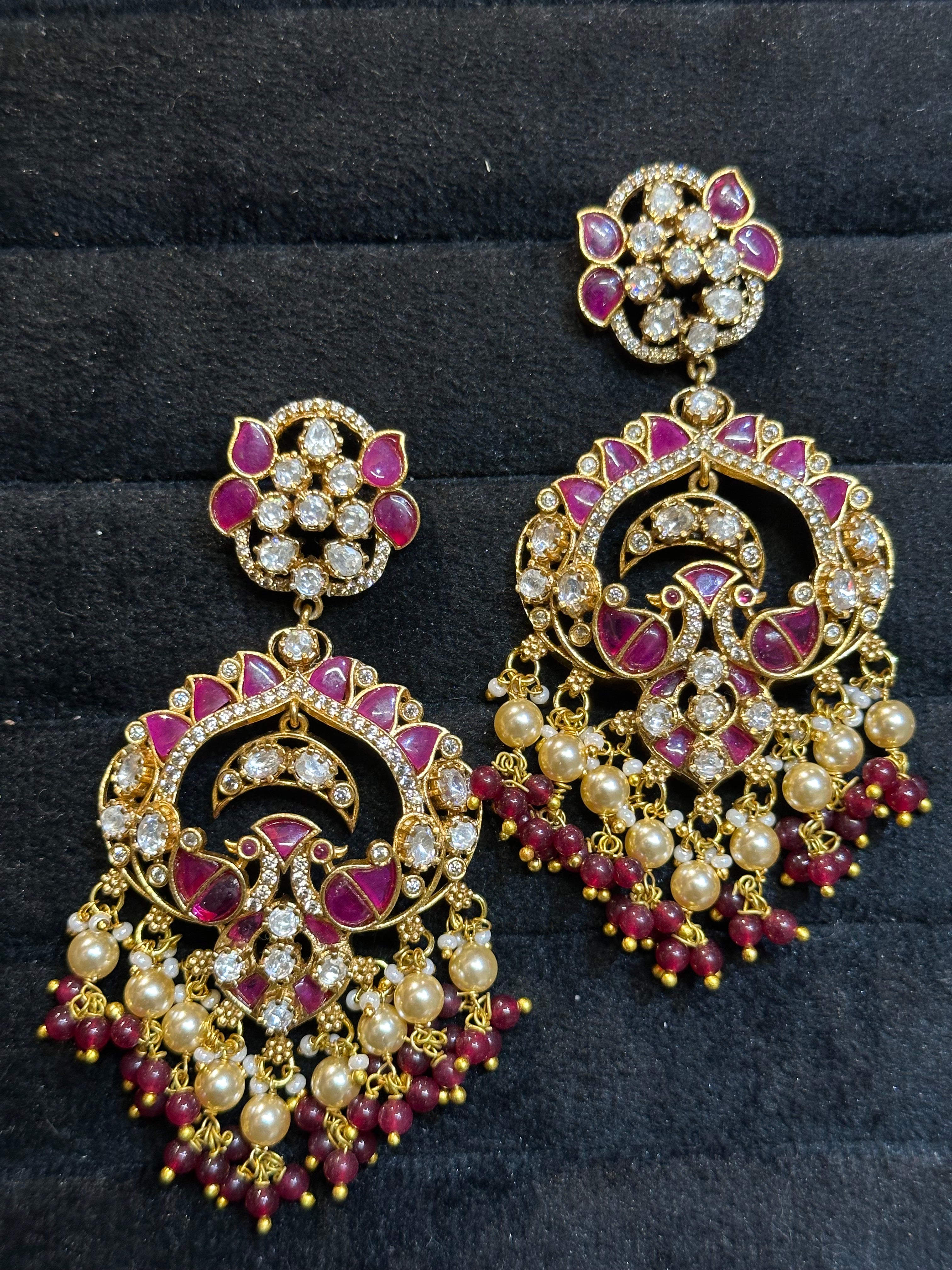 Ayraa Chandbali Earrings with Floral Stud Top, Pearl & Bead Fringe | Gold Plated Bridal Earrings