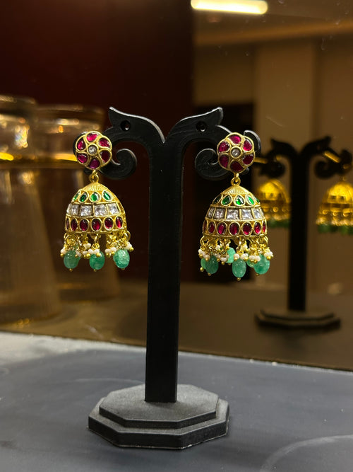 Graceful Jhumka Earrings with Emerald Drops & Ruby Stone Work