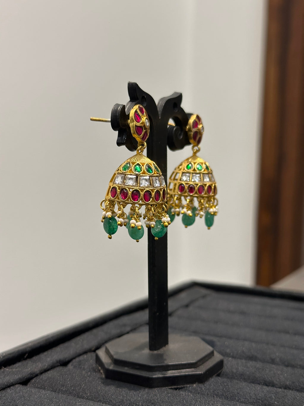 Graceful Jhumka Earrings with Emerald Drops & Ruby Stone Work
