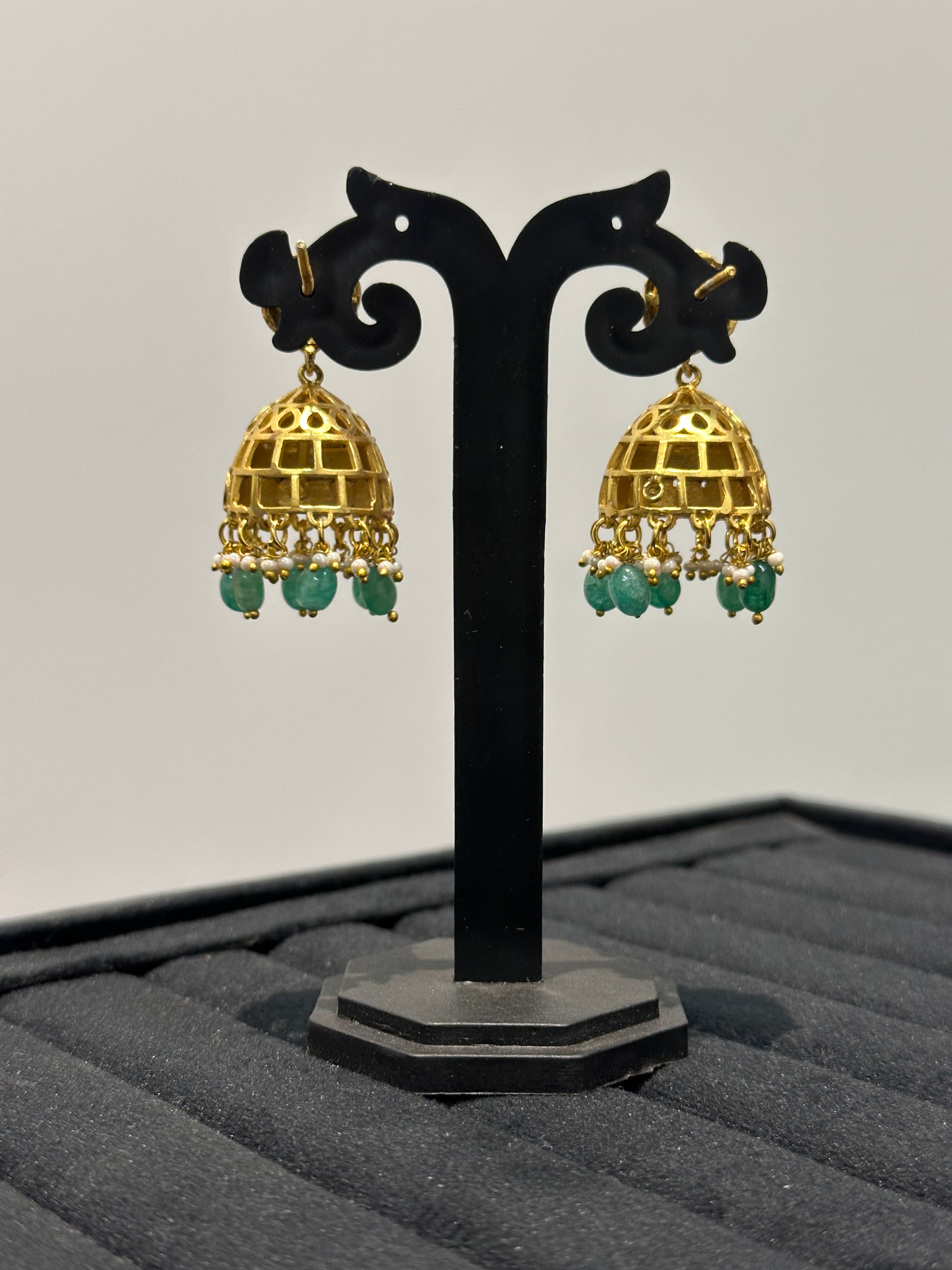Graceful Jhumka Earrings with Emerald Drops & Ruby Stone Work