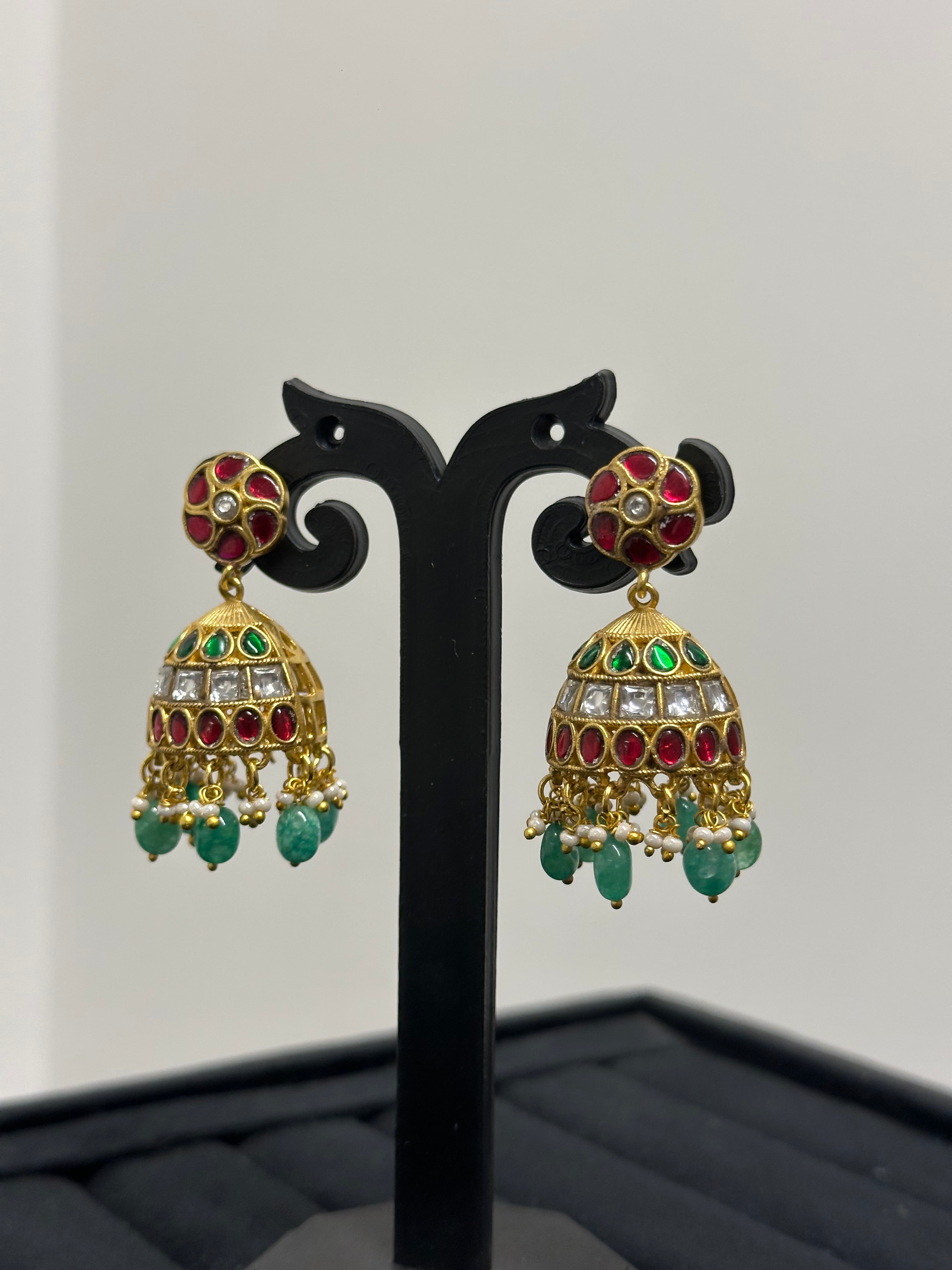 Graceful Jhumka Earrings with Emerald Drops & Ruby Stone Work