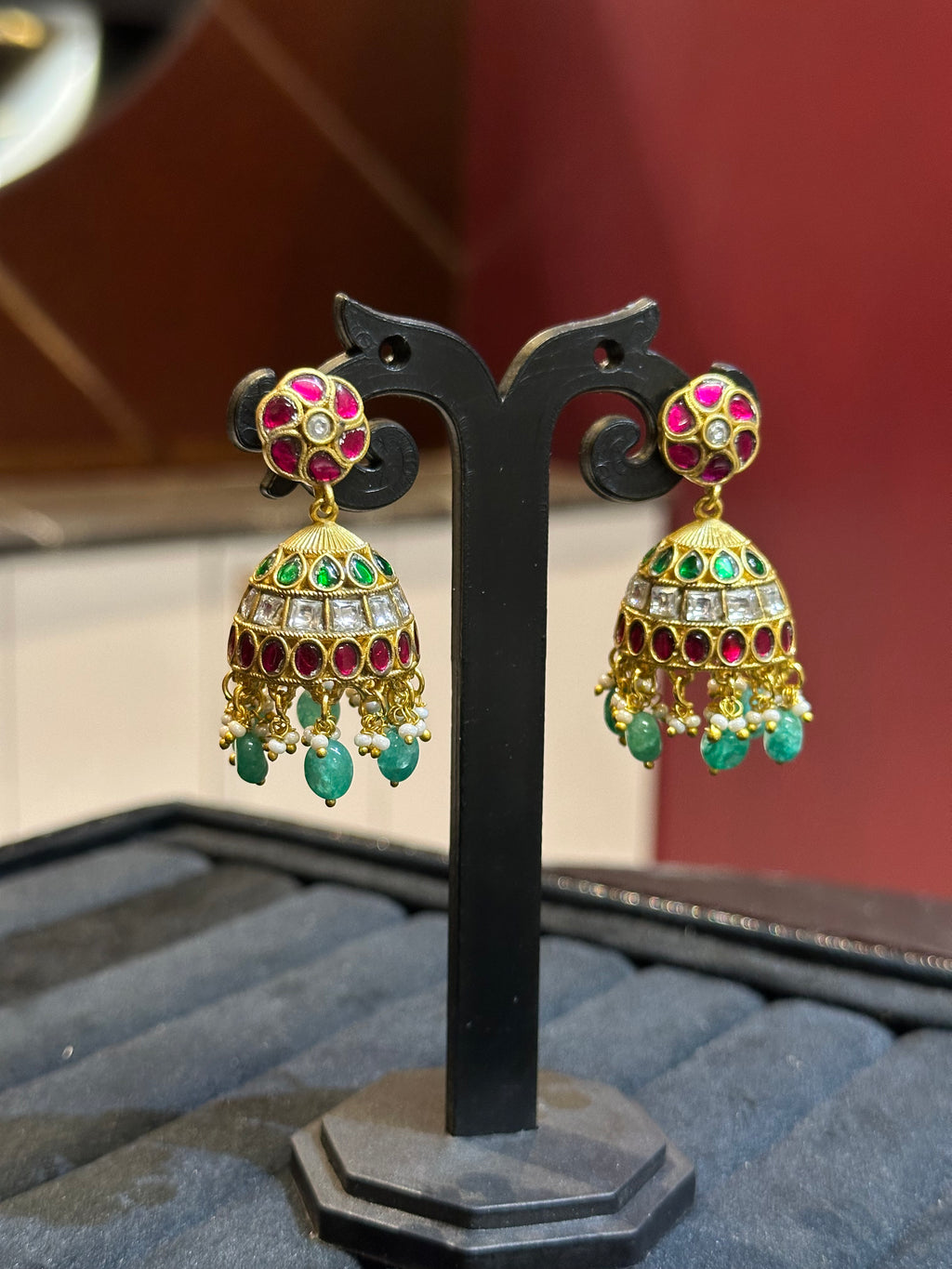 Graceful Jhumka Earrings with Emerald Drops & Ruby Stone Work