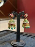 Graceful Jhumka Earrings with Emerald Drops & Ruby Stone Work